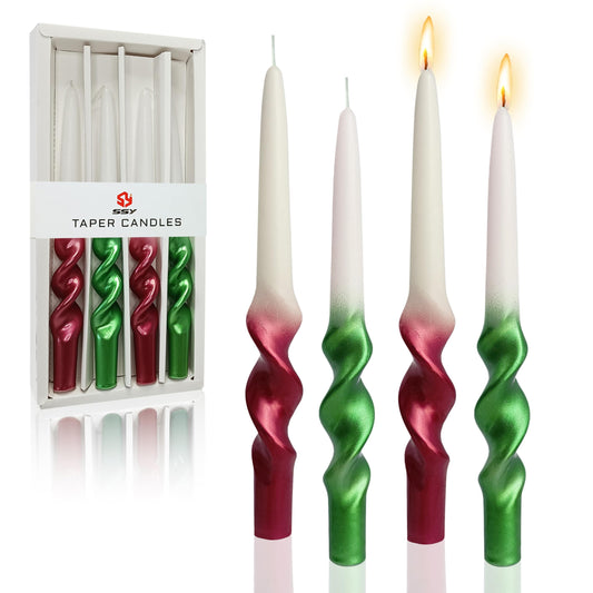 FCMSHAMD Handmade Christmas Spiral Taper Candles - Unscented Long Candles Colored Wax Twisted Candle - 10 Inch Candle Sticks for Christmas Decoration - Set of 4(Gradient Metallic Red Green)