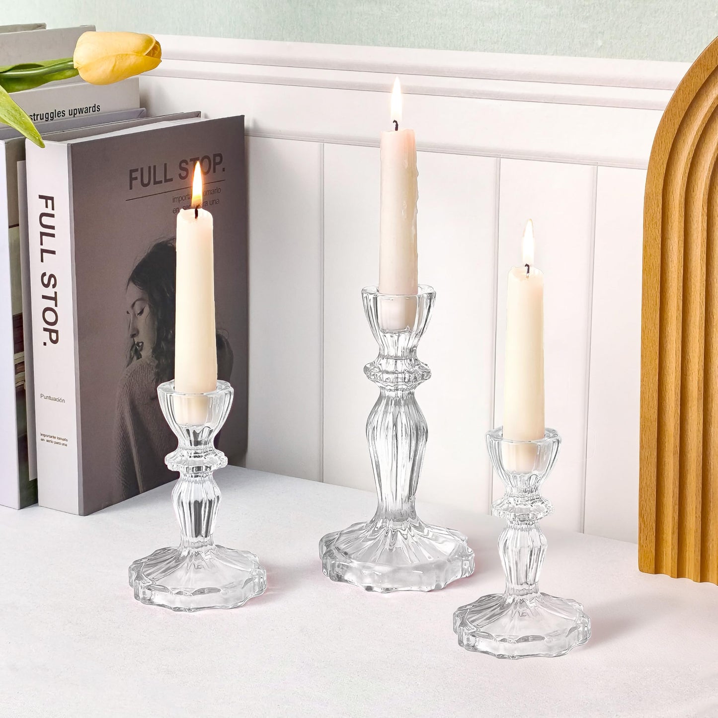 CHOCSTAY Glass Candlestick Holders Set of 6, Clear Stripe Taper Candle Holders for Table Centerpiece, Home Decorations, Wedding and Party