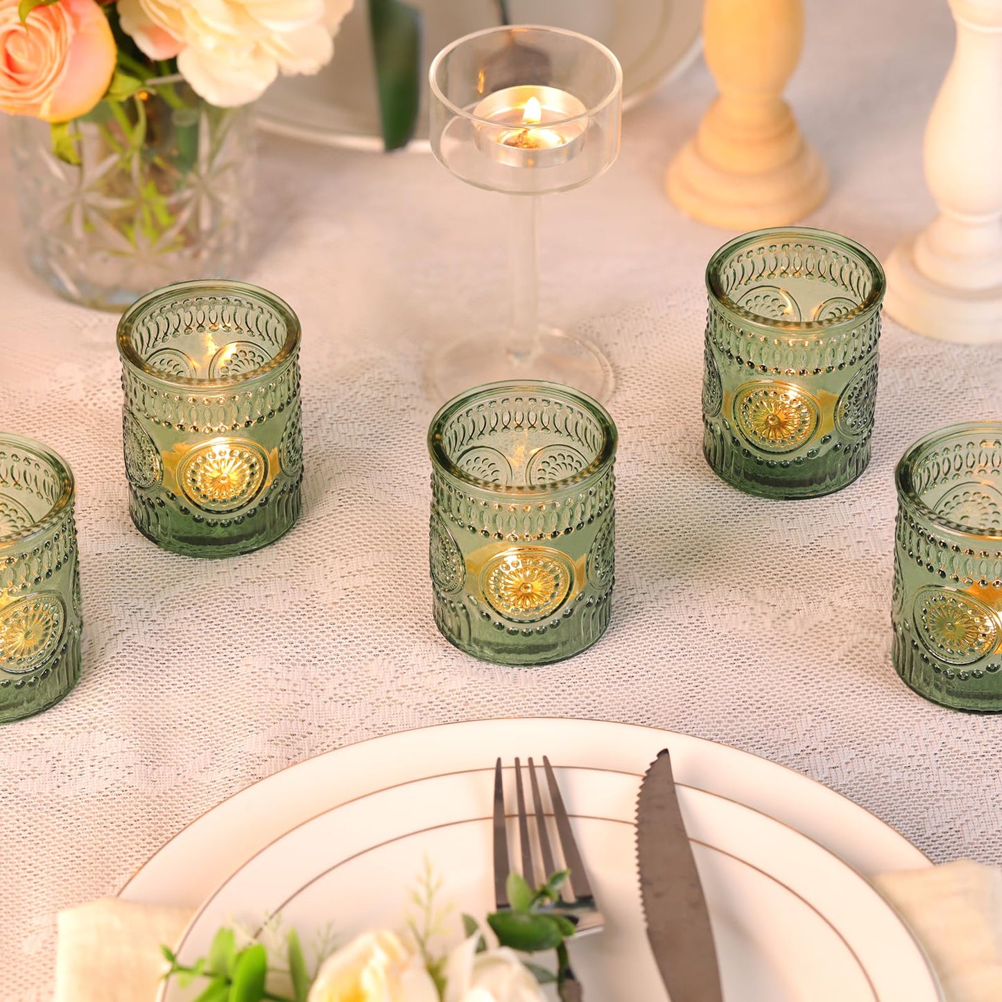 Lanttu 12pcs Green Votive Candle Holders，Glass Tea Lights Candle Holder Bulk for Birthday Parties, Weddings, Table Decorations, Candlelight Dinners