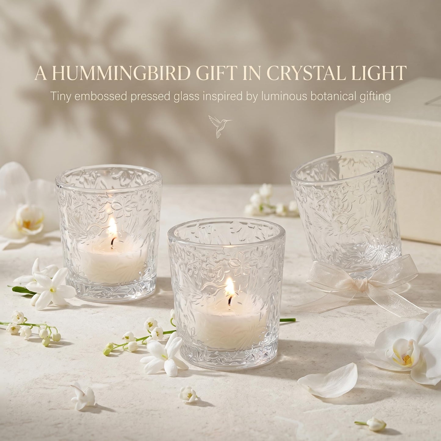 12 Pack Hummingbird Embossed Glass Candle Holders – Votive Tealight Holders with Patent Design, Decorative Embossed Glass Cups for Wedding Centerpieces, Parties, and Home Décor (Crystal Clear)