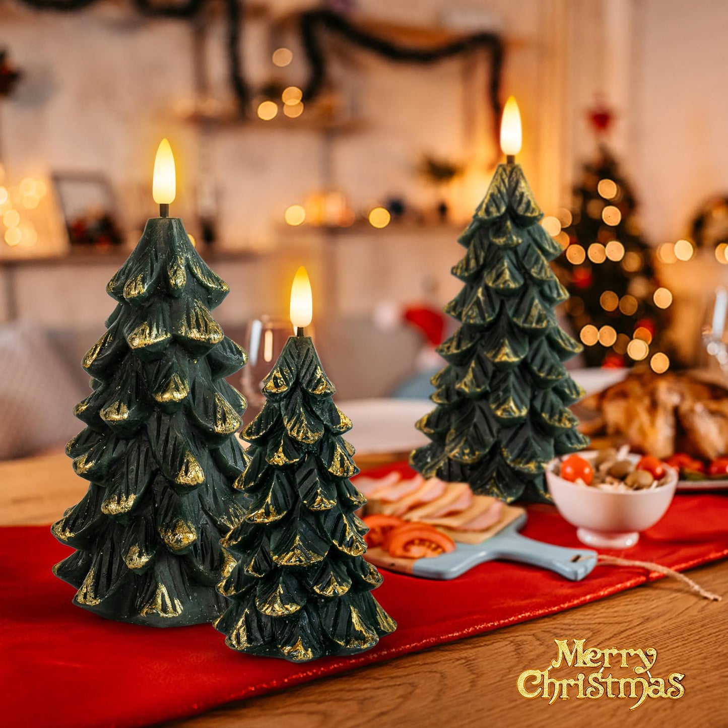 Yongmao Green Christmas Tree Shaped Flickering Flameless LED Candles with Timer, Real Wax Battery Operated, Set of 3