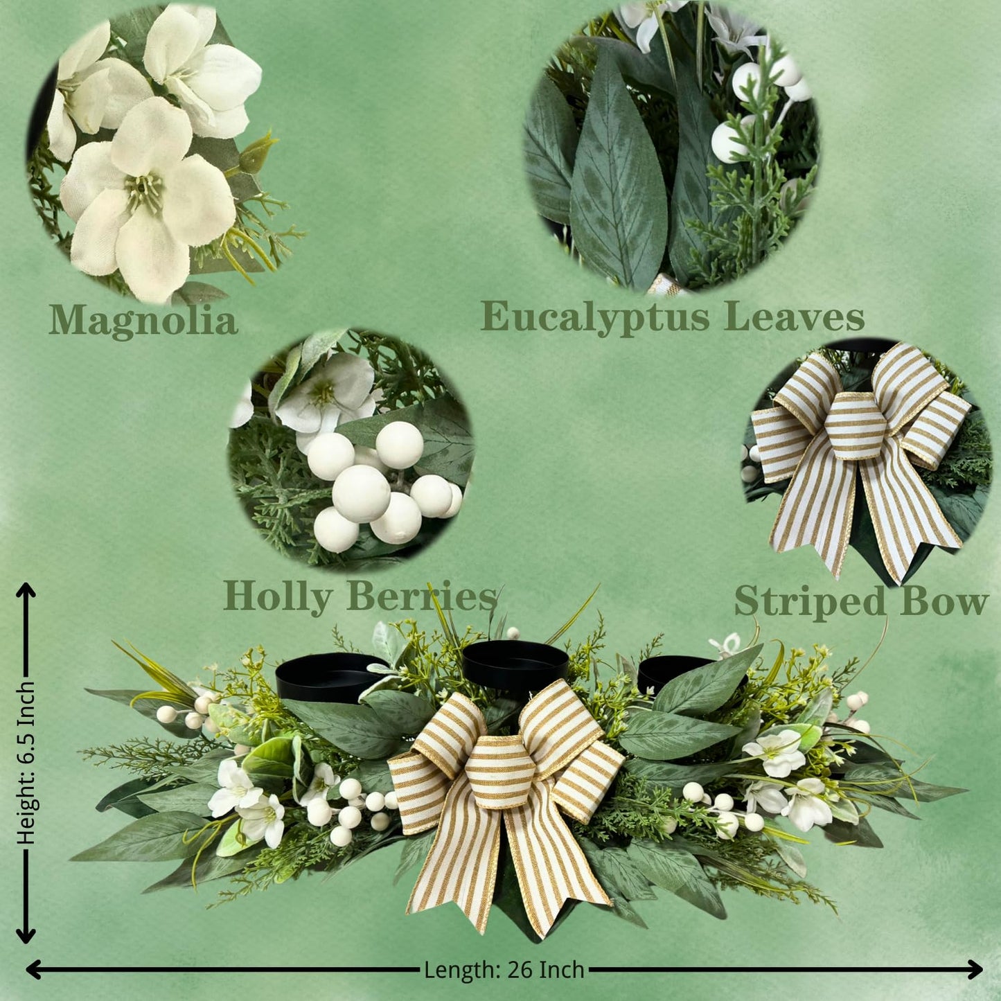 Candle Holder Centerpiece for Table,3 Wick Candle Holder with Artificial Gypsophila Flower,Artificial Eucalyptus Leaves Magnolia Holly Berries and Striped Bow for Table Centerpiece Decor,Dining Room