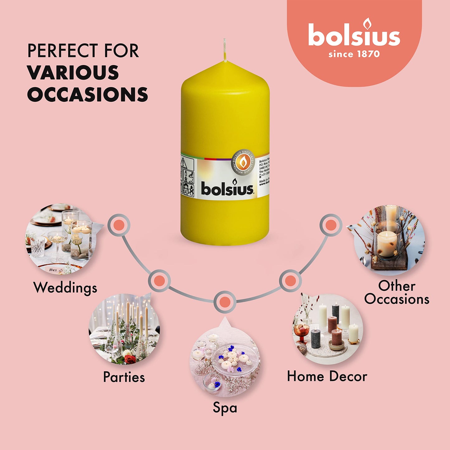BOLSIUS 8 Yellow Pillar Candles - 2.75 x 5 Inches - Premium European Quality - Individually Wrapped - 43 Hours Burn Time - Dripless & Smokeless - Unscented Dinner, Wedding, Party, & Restaurant Candles