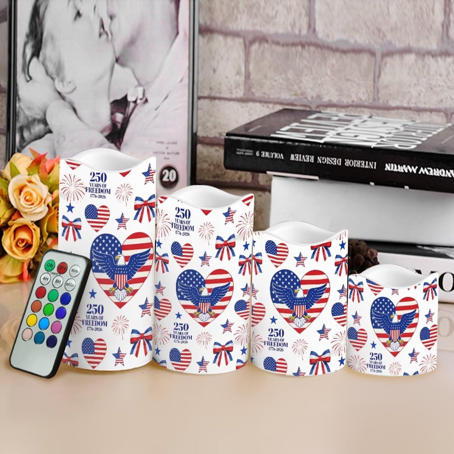 Uorisanigo 250th Anniversary of USA Independence Flameless LED Candles Star Stripes Battery Operated Fake Candles with Flicker Patriotic Candles 4th of July Outdoor Garden Display Set of 4