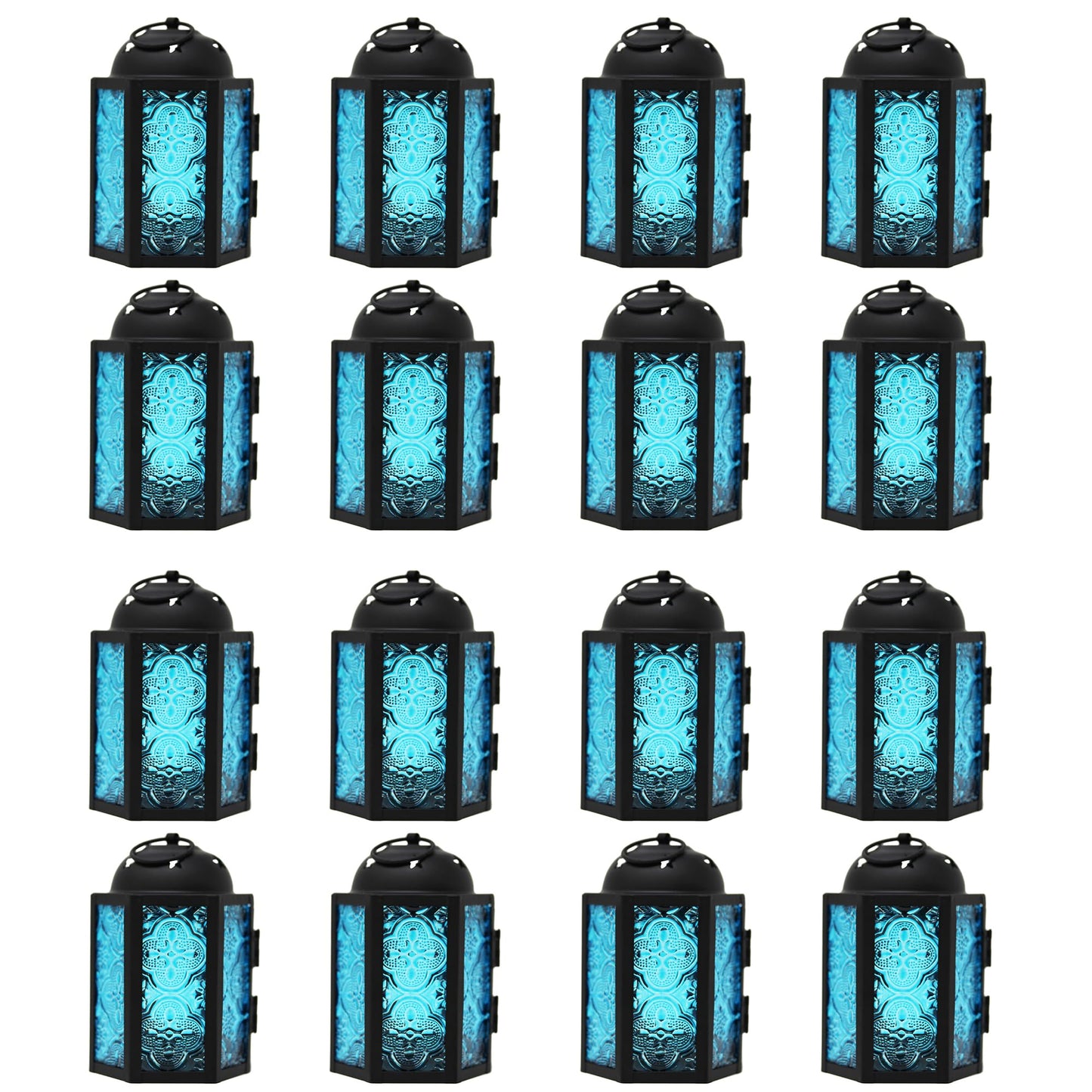 Vela Lanterns Tea Light Candle Holders, Votive Holders, Mini Moroccan Lamps, Decorative Metal Hanging Candle Lantern, Table Centerpieces, Small Indoor Shelf Decor, Turkish Ramadan Decor, 16pc, Blue