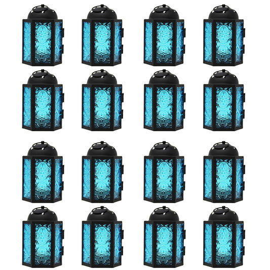 Vela Lanterns Tea Light Candle Holders, Votive Holders, Mini Moroccan Lamps, Decorative Metal Hanging Candle Lantern, Table Centerpieces, Small Indoor Shelf Decor, Turkish Ramadan Decor, 16pc, Blue