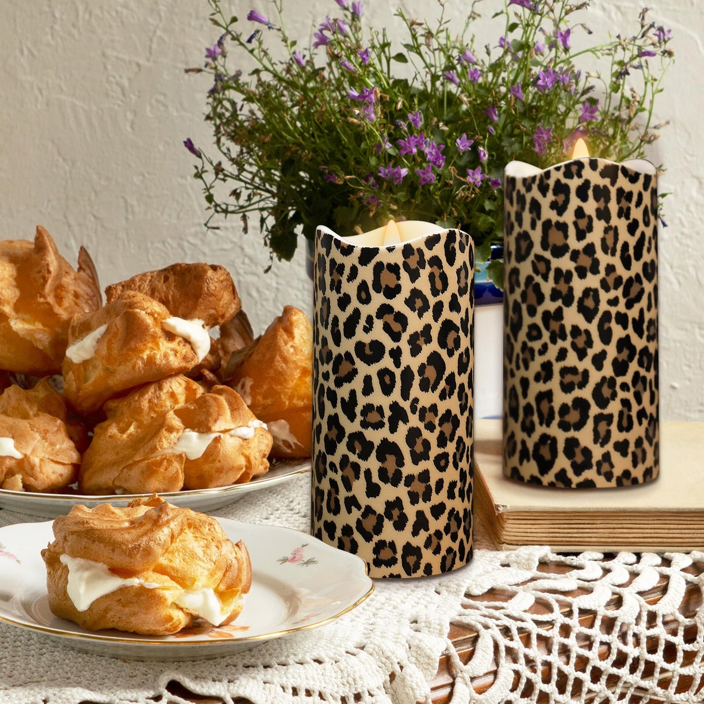Whaline 3 Pcs Cheetah LED Flameless Candles Leopard Print Battery Operated Pillar Candles for Wedding Party Home Table Decor