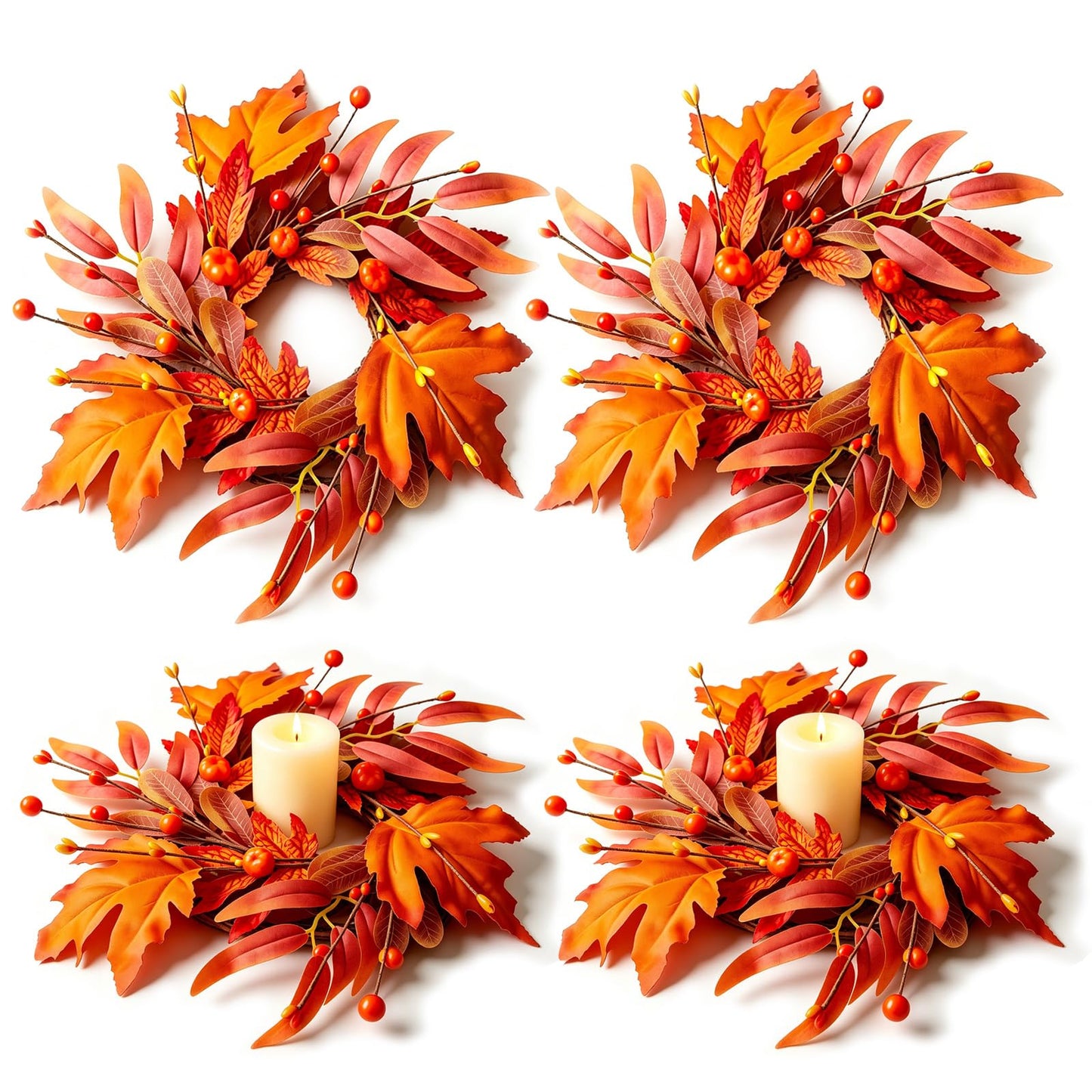 4 Pcs Mini Fall Wreaths Thanksgiving Table Centerpieces Fall Candle Rings 9 Inch Maple Leaf Wreaths for Cabinets Farmhouse Autumn Wreath for Front Door Porch Wall Window Decorations