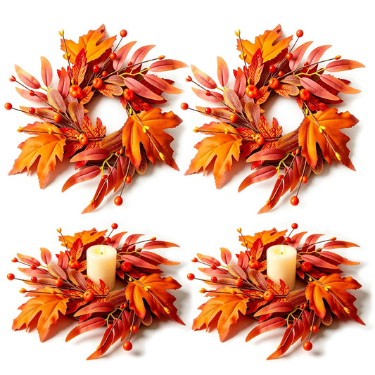 4 Pcs Mini Fall Wreaths Thanksgiving Table Centerpieces Fall Candle Rings 9 Inch Maple Leaf Wreaths for Cabinets Farmhouse Autumn Wreath for Front Door Porch Wall Window Decorations