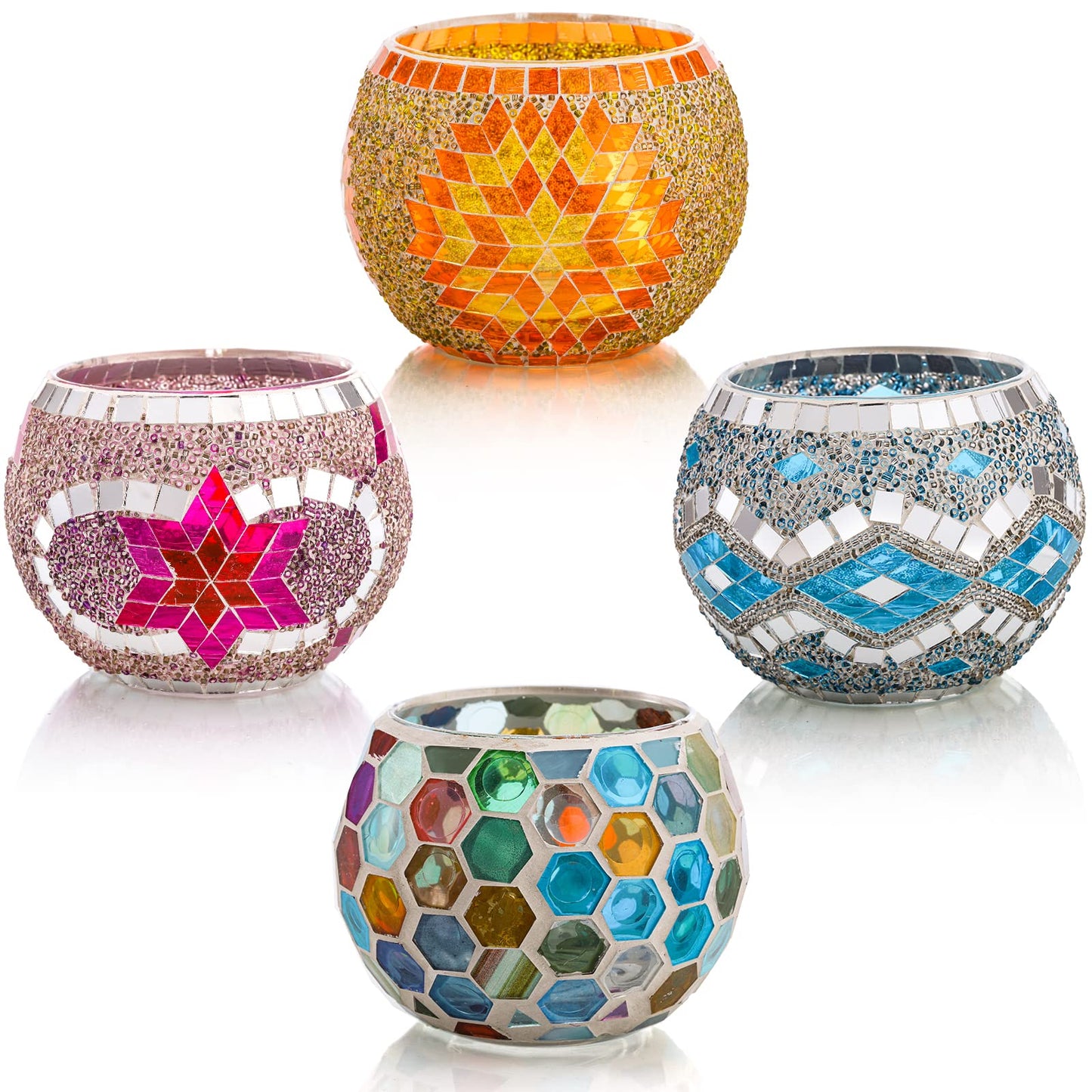 Okllen 4 Pack Glass Votive Candle Holders, Mosaic Tealight Bowls Round Decorative Candle Holder, Handmade Romantic LED Candle Lamps Holder for Home, Table, Party, Wedding Decor, 4 Styles