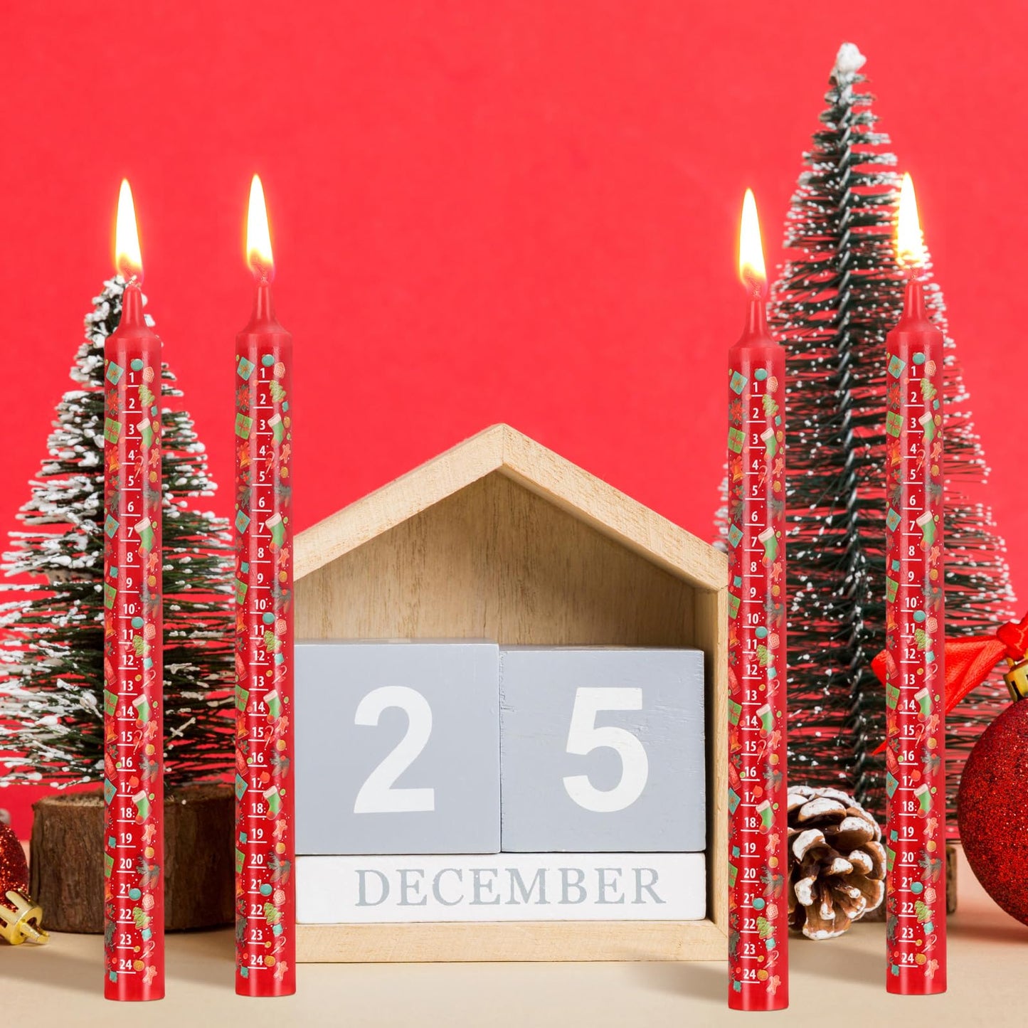 Nuanchu 4 Pcs Advent Festive Christmas Calendar Candle 24 Numbers Countdown to Christmas Red Advent Candle for Xmas Gifts(Classic)
