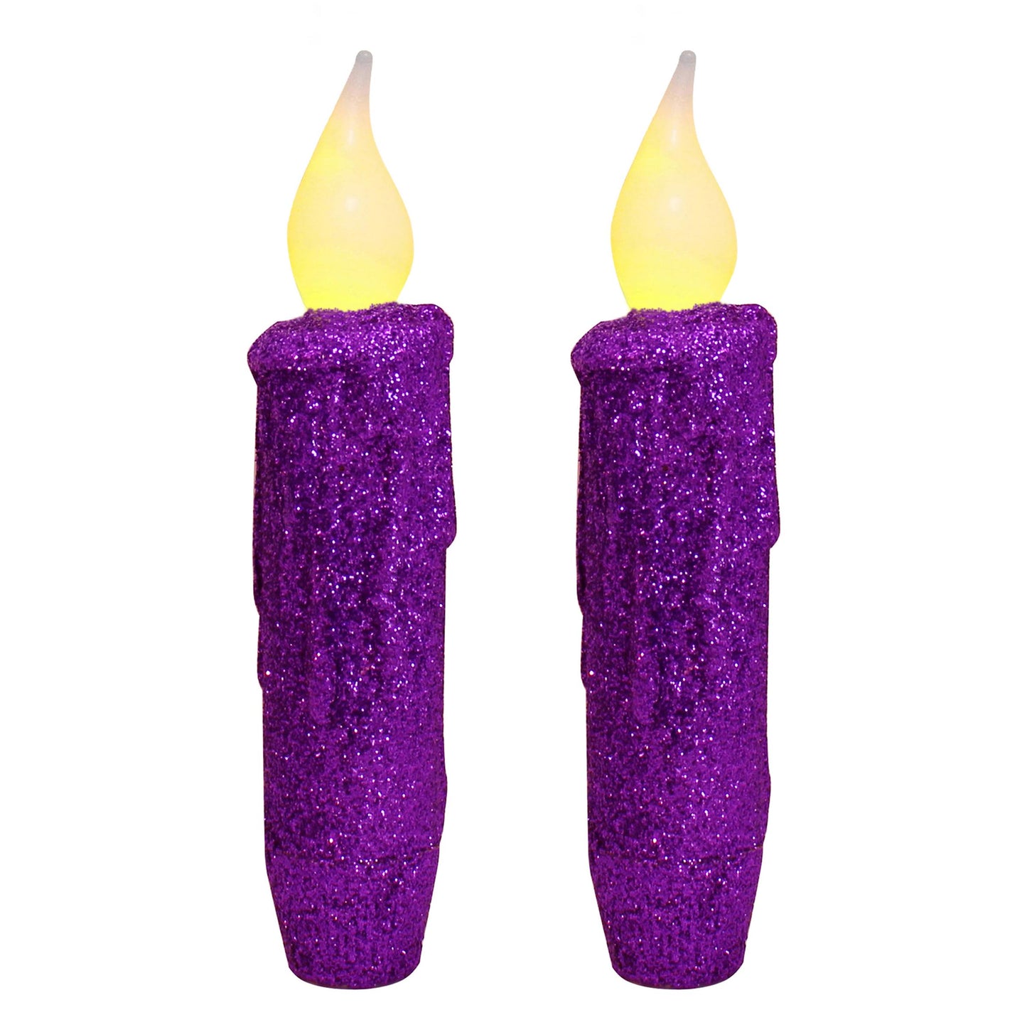CVHOMEDECO. Glitter Flameless Candles Flickering Battery Operated LED Taper Candles with Timer for Home, Wedding, Halloween, Christmas Decor. Purple, 4-3/4 Inch, Set of 2