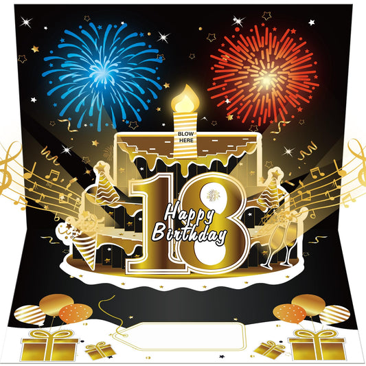 Turypaty 18th Birthday Cards Pop Up 3D Cake - Firework & Music & Blow Out Candle Light Funny Happy 18 Black Gold Birthday Card Gifts for Boys, Girls, Friends, Son, Daughter, Grandson, Boyfriend