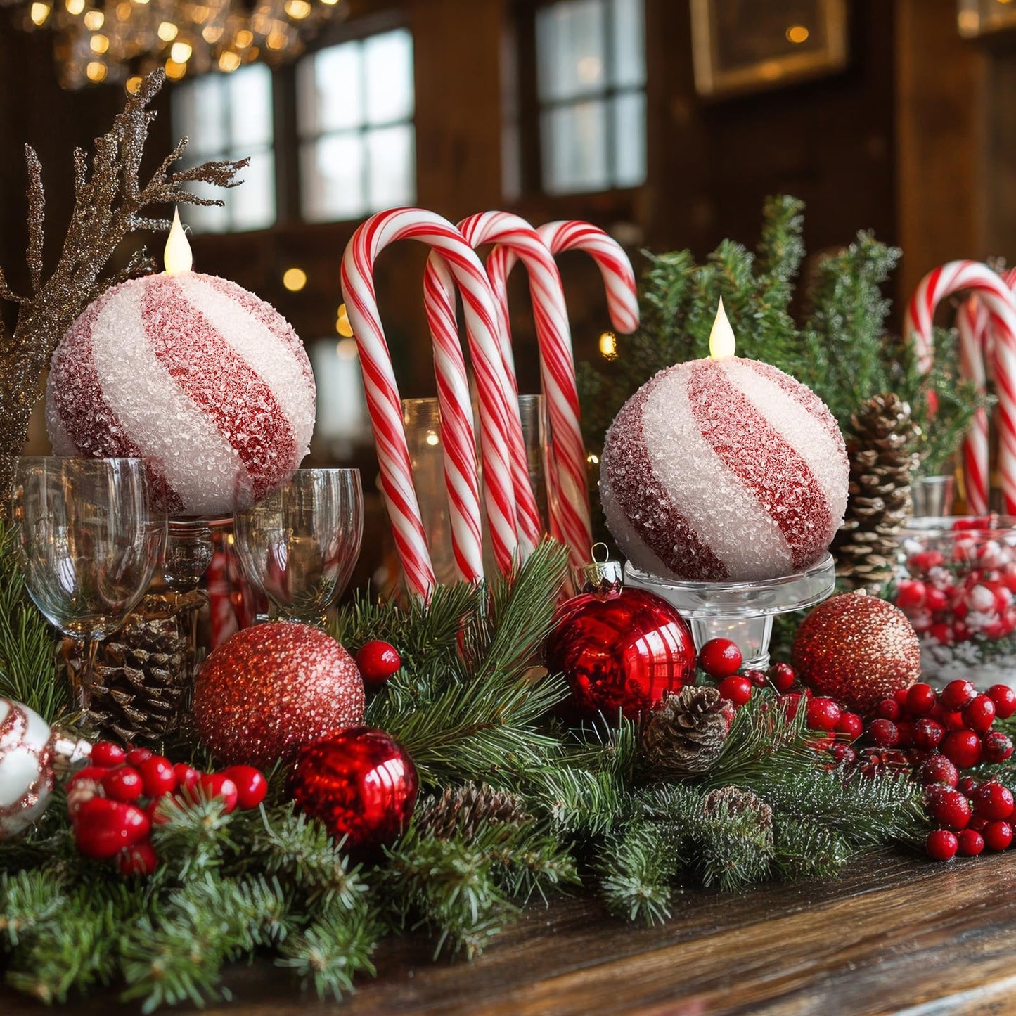 Baquler Set of 2 Christmas Candy Light Indoor Flameless Candles LED Candy Cane Light Xmas Red and White Glitter Ball Battery Operated Candles for Xmas Gift Holiday Party Room House Home Table Decor