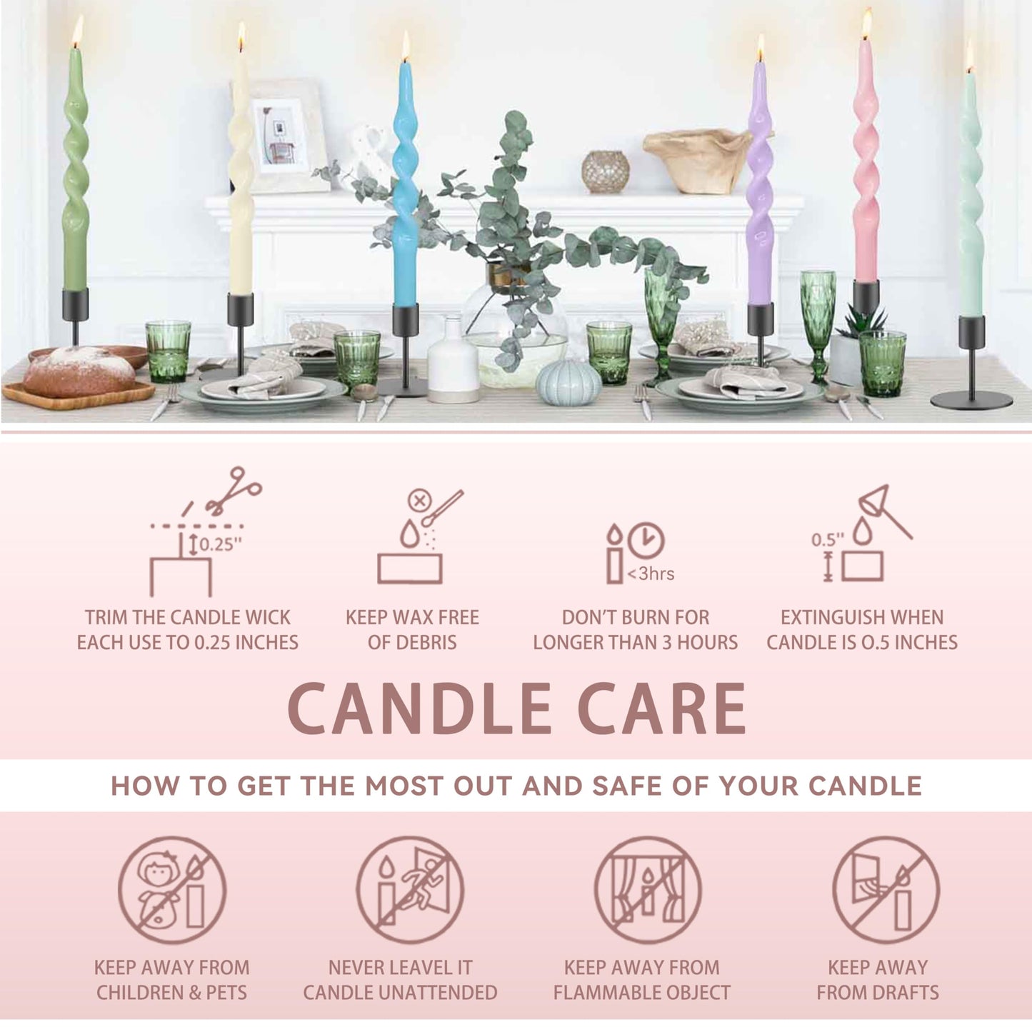 10 Inches Spiral Taper Candles Sticks Pastel Twisted Candle Dripless Unscented Long Candles, Handmade Candy Candlesticks for Wedding Dinner Decor, Set of 6