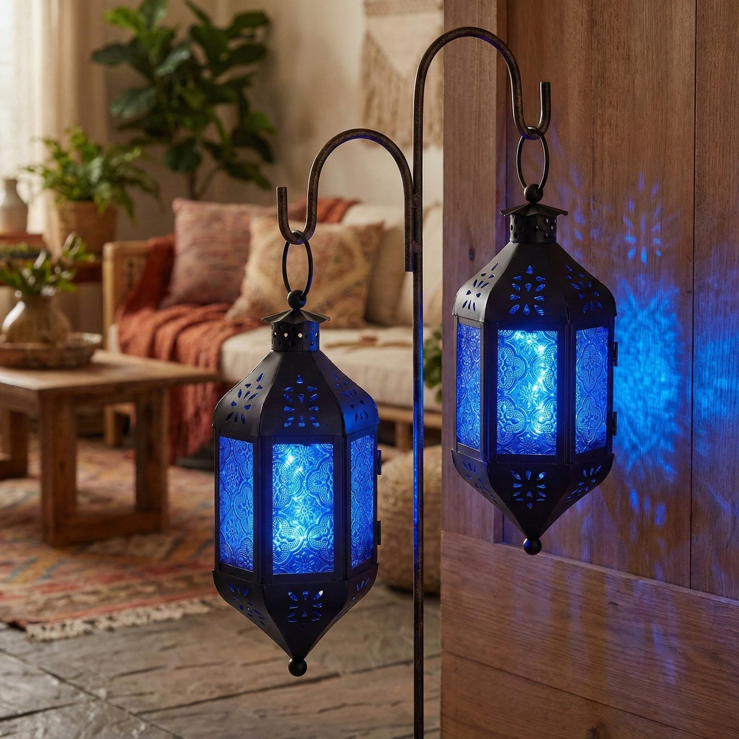 Vela Lanterns Hanging Moroccan Lamp - Exotic Decorative Patio & Porch Decor, Indoor Outdoor Tea Light Candle Lantern Holder with Chain (11" Medium, Cobalt Blue Glass)