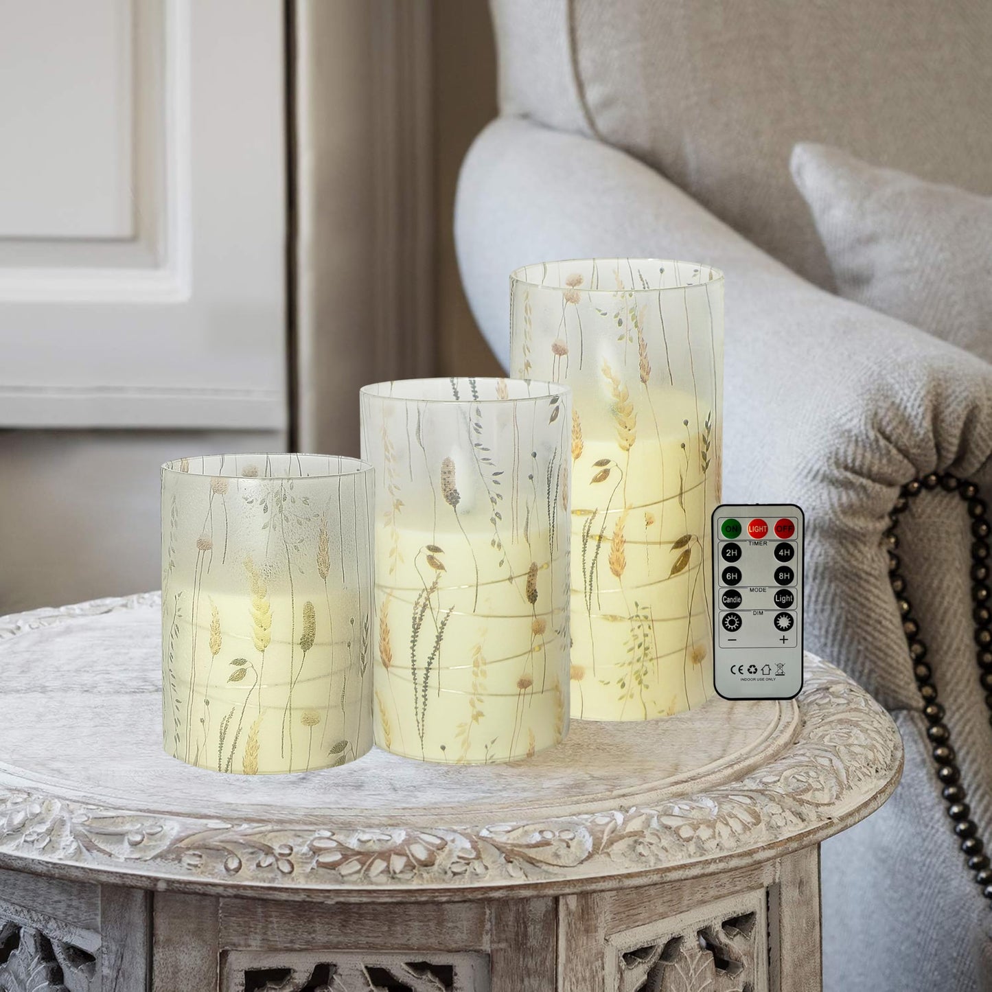 Flickering Flameless Candles Leaf Print, Embedded Star String Lights, Battery Operated Acrylic LED Pillar Candles with 11-Key Remote and Timer for Home Decoration, 3 Pack