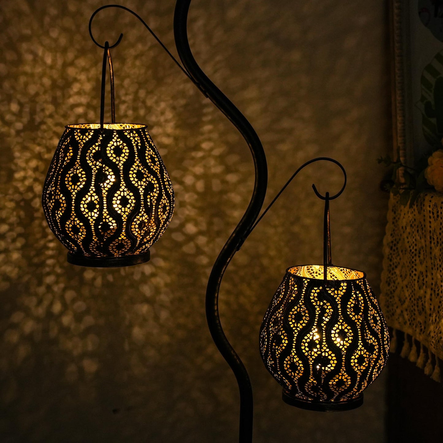 TRIROCKS Set of 2 Moroccan Decorative Lamps 8'' High Cordless Lamp Metal Table Lamps with Fairy Lights Bulb for Home Living Room Garden Yard Party Events Tabletop Indoor Outdoor(Black)