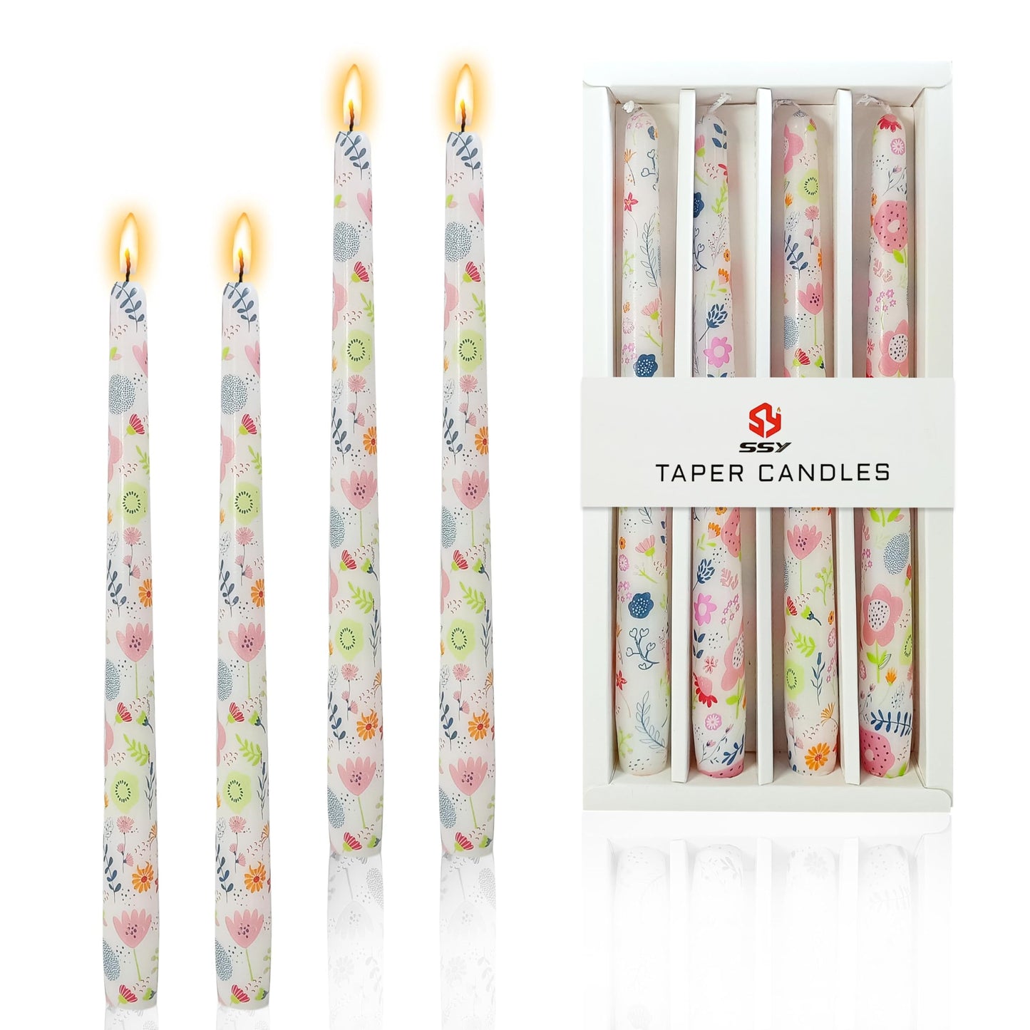Floral Candlesticks 10 in Long Taper Candles Handmade Printing Candlesticks Tall Tapered Candle Sticks for Home Wedding Dinner Decor Simple Modern, 4 Pack