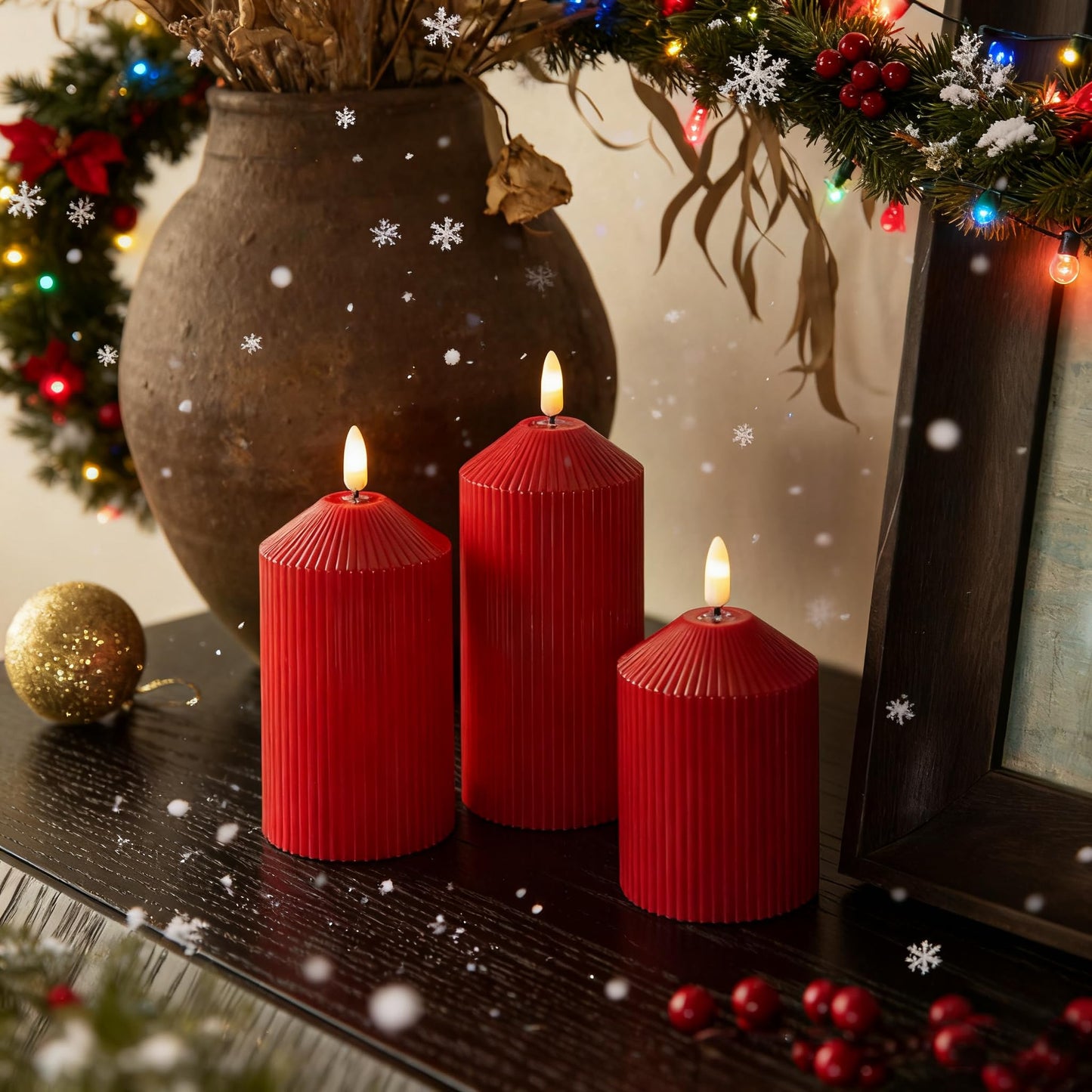 LUSHARBOR Flameless Candles with Remote, Battery Operated Candles Real Wax LED Fake Pillar Candles with Timer Flickering Flame for Wedding Home Party, Set of 3 Red