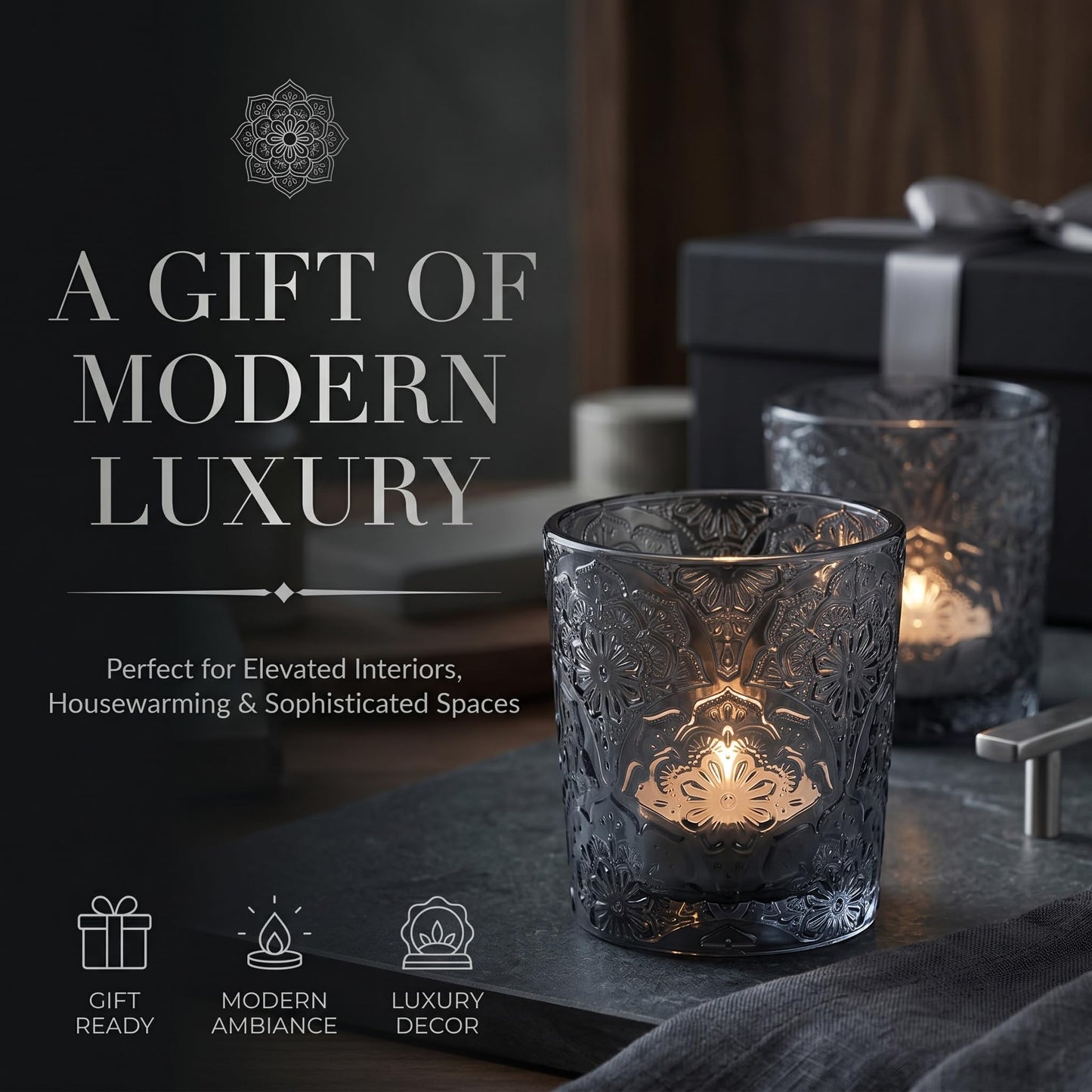 12 Pack Mandala Embossed Glass Candle Holders – Votive Tealight Holders with Patent Design, Decorative Embossed Glass Cups for Wedding Centerpieces, Parties, and Home Décor (Smoky Quartz)