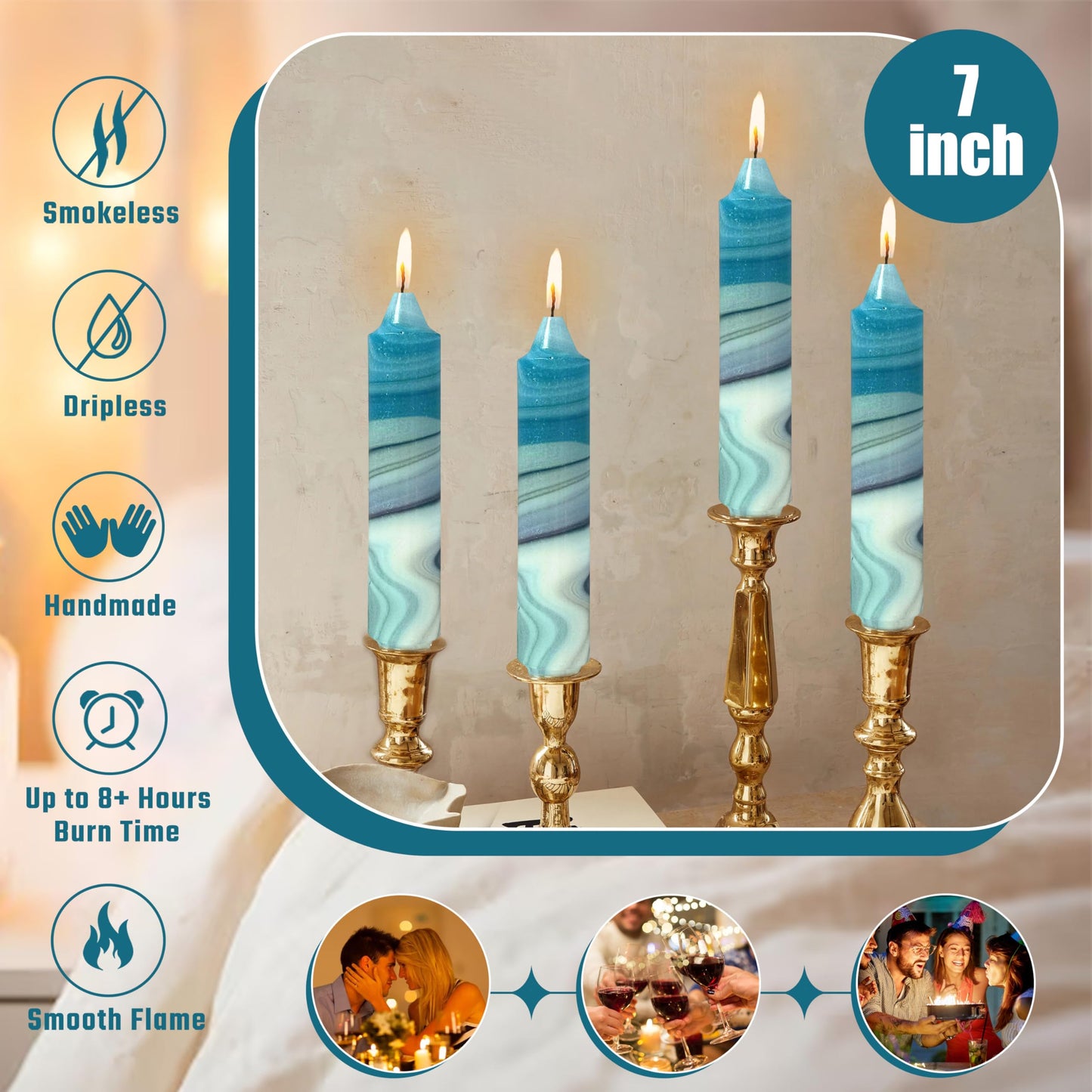7 inch Short Candle Blue Quicksand Print Candle 4 Pack Handmade Unscented Taper Candles Printed Candlestick Smokeless Tapered Candles for Home Dinner Wedding Holiday