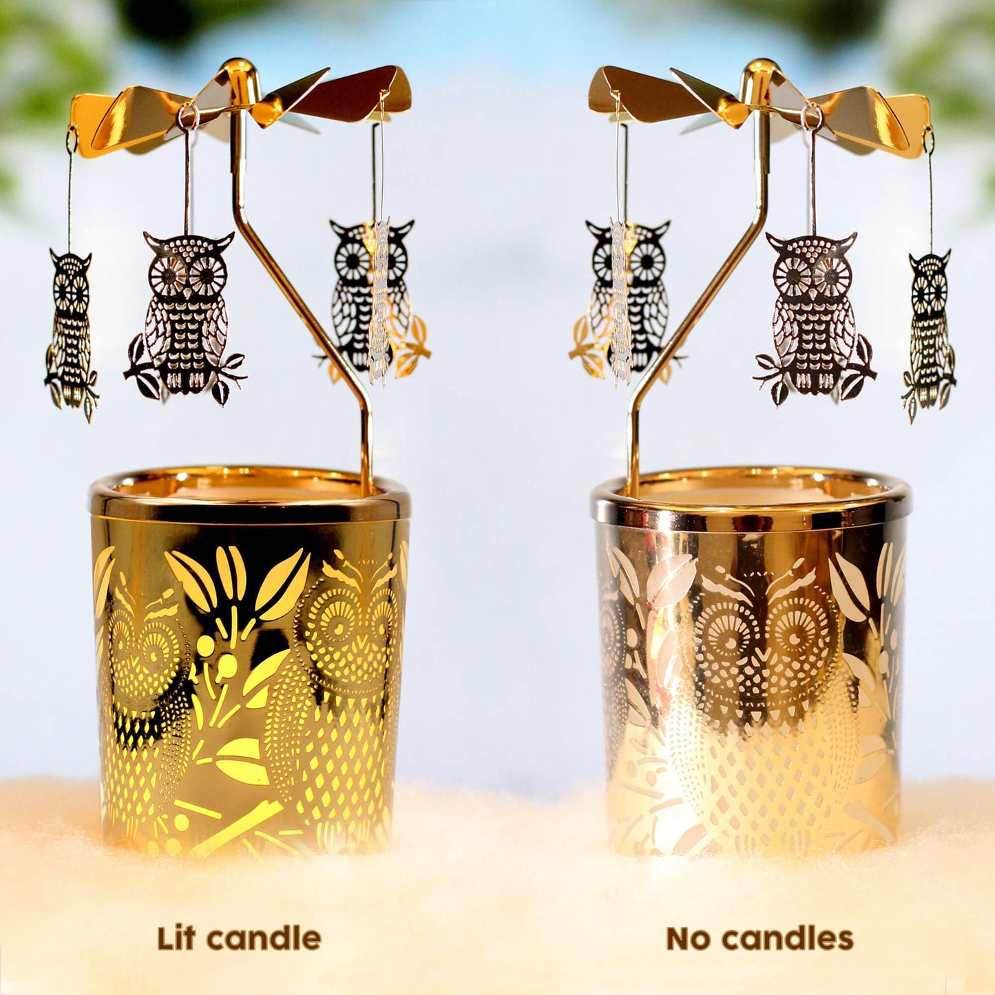 iLajao Candle Carousel Rotary Candle Holder Christmas Carousel Spinning Tealight Candleholder Christmas Decoration Centerpieces for Tables Valentine Easter (Golden Owl)