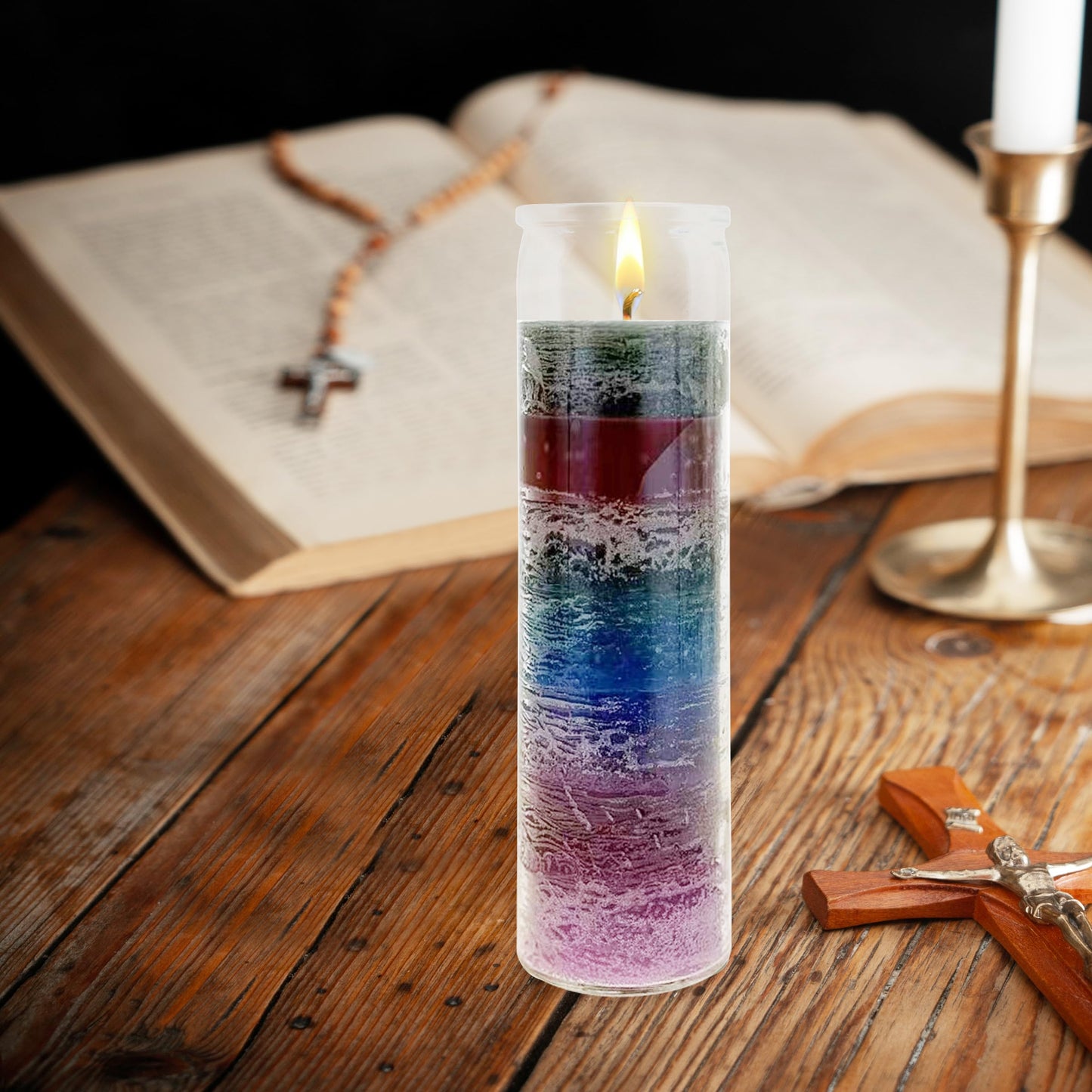 Mega Candles 3 pcs Unscented 7 Color Glass Devotional Prayer Candles, Hand Poured Wax Candle 2 Inch x 8 Inch, Sanctuary, Vigils, Prayers, Casting Chimes, Spiritual, Rituals, Spells, Wicca, Deities