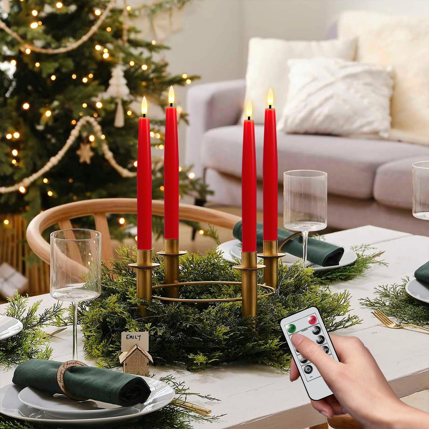 GenSwin Flameless Taper Candles, Set of 2 Red LED Taper Candles Battery Operated with Remote Timer, Real Wax Flameless Candlesticks with 3D Flame for Home Wedding Party Holiday Decor (0.78” x 9.65”)