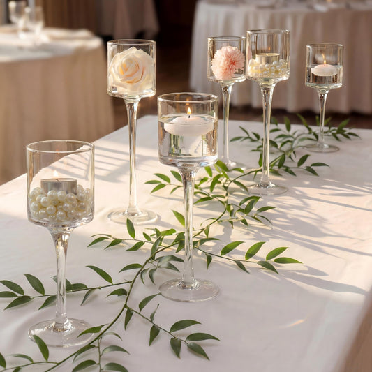 NUPTIO Glass Tealight Candle Holders: Set of 6 Tall Candle Stands for Dinner Table Centerpiece - Stemmed Candleholders for Pillar Floating Candles