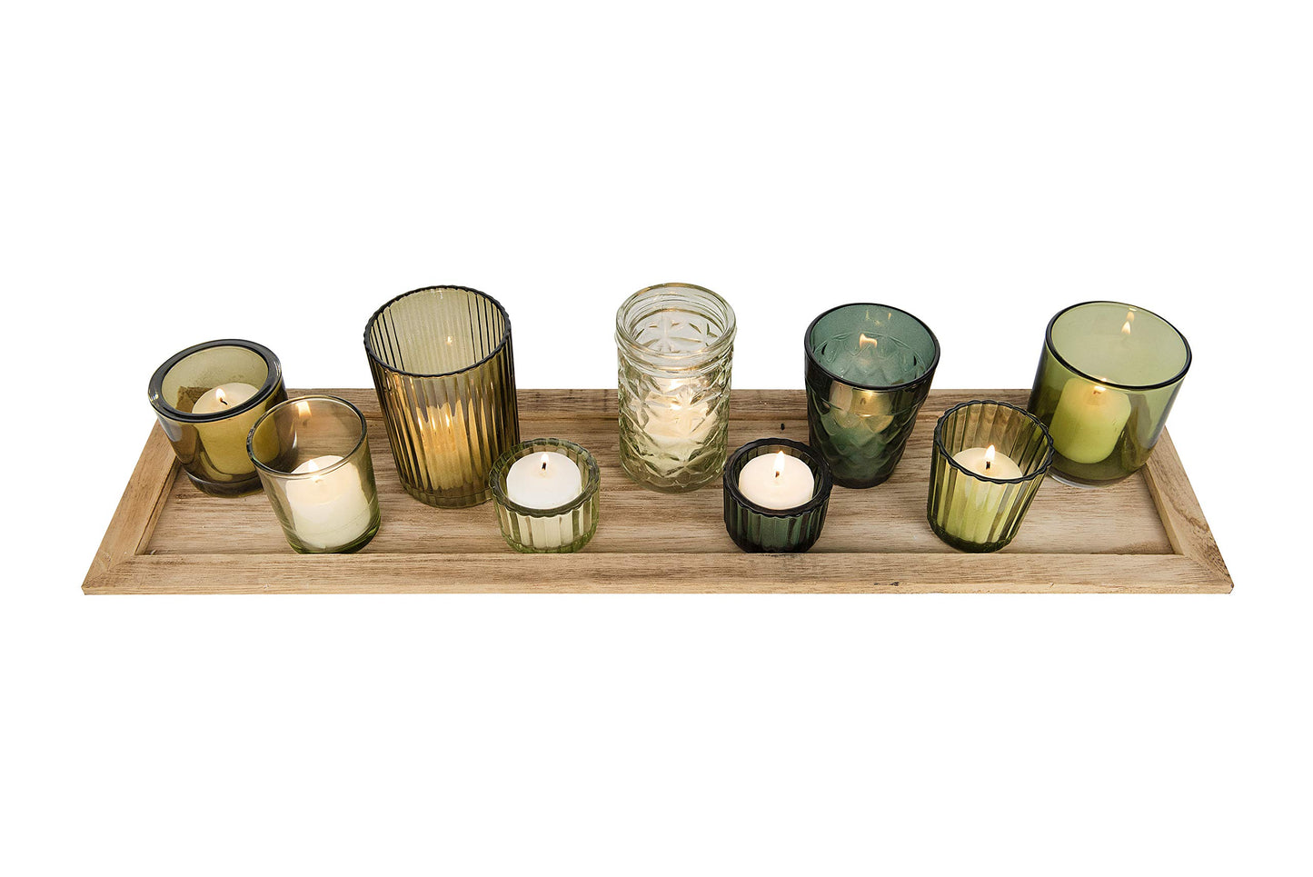 Creative Co-Op Wood Tray with 9 Green Glass Votive Holders