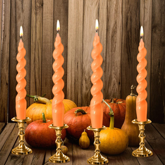 Zhengmy 4 Pcs Orange Spiral Taper Candle 7 Inch Twisted Long Wax Dinner Candlestick for Fall Halloween Christmas Holiday Valentines Wedding Birthday Baby Shower Table Decor(Solid)