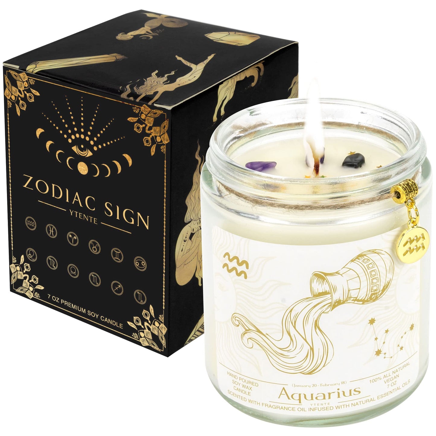 YTENTE Zodiac Sign Candles Gift, Zodiac Crystals Candles Jar,Astrology Lavender Scented Soy Stones Candles Best Friends Gifts for Women Men Sister Brother Funny Birthday Gift (Aquarius)