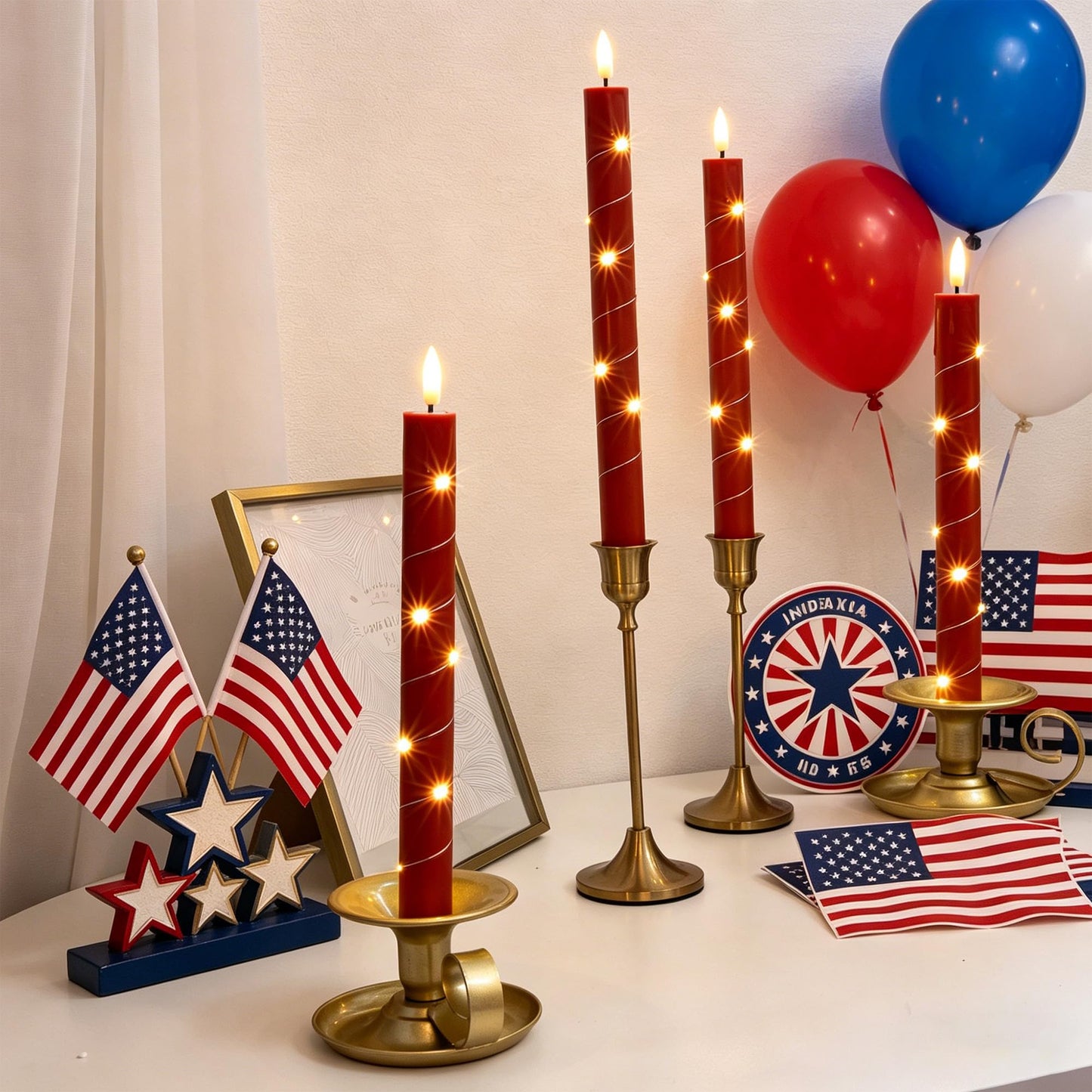 Patriotic Flameless Taper Candles with Remote for 250th Anniversary Decorations，3D Flickering Flame LED Candles Arounded with Starlight String for 4th of July Decoration, Pack of 6, Reddish Brown