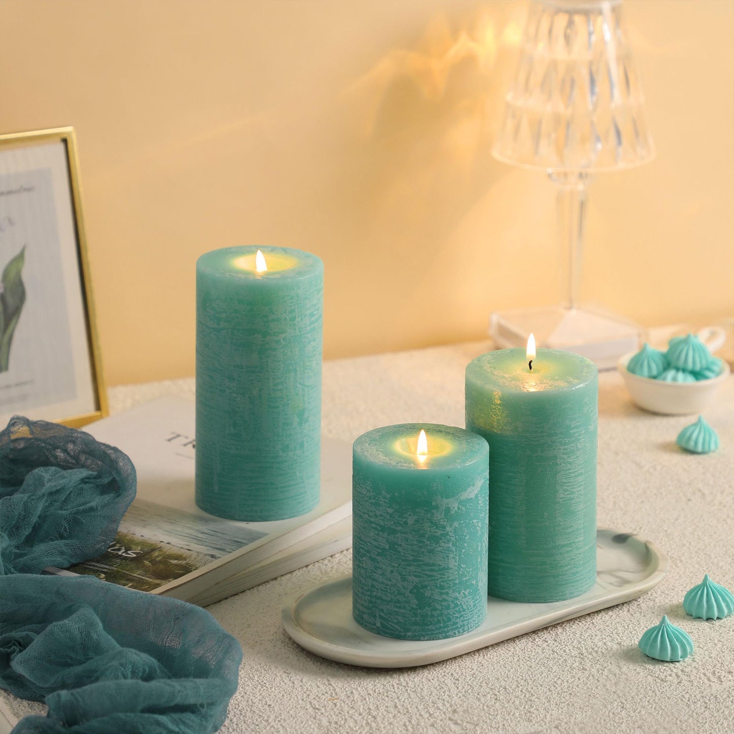 Turquoise Pillar Candles Set of 3 - Hand-Poured Unscented Candles,Smokeless Dripless Candles for Dinner Table and Home, Set of 3 in Different Sizes (3"x4", 3"x5", 3"x6")