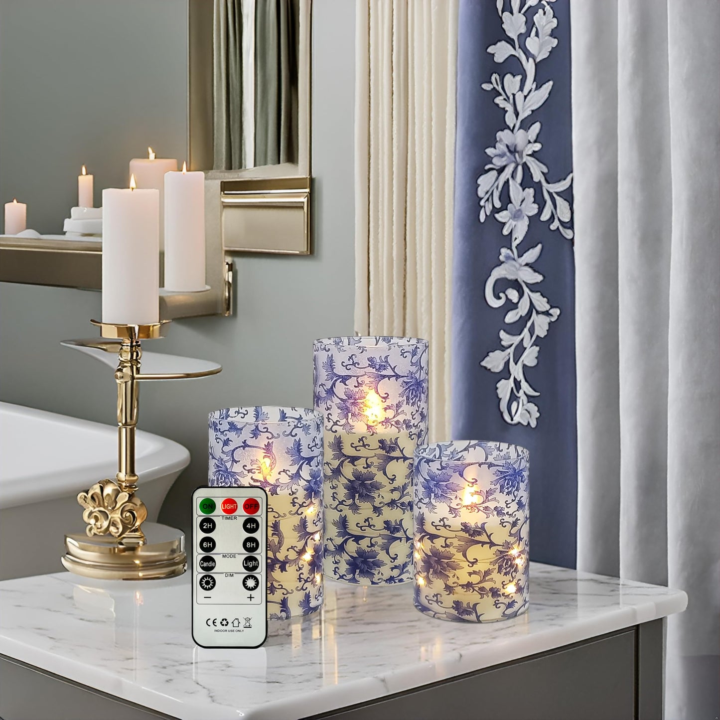 NjaoHoo Floral Flickering Flameless Candles, Recessed String Light LED Candles 3D Wick Acrylic Battery Operated LED Pillar Candles with Remote and Timer for Home Decor Set of 3(Blue & White)