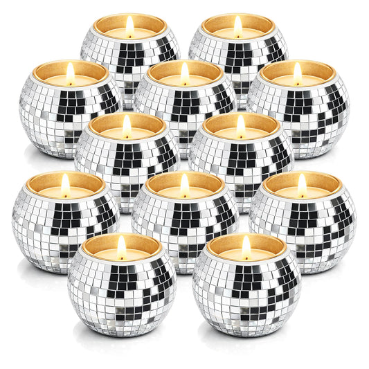 12 Pcs Disco Ball Candle Holder Glass Mirror Candle Holder Disco Ball Decor for Wedding, Party, and Christmas