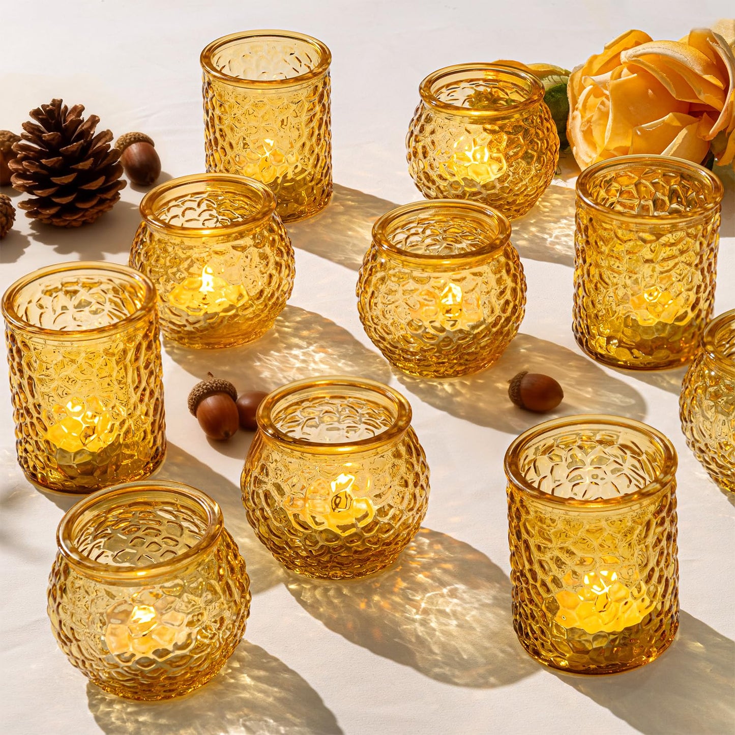 24-Piece Amber Glass Votive Candle Holders Set – Tealight Candle Holder Glass Bulk with 12 Round & 12 Hammered Textured Cups, Amber Votive Candle Holders for Weddings, Parties, Home