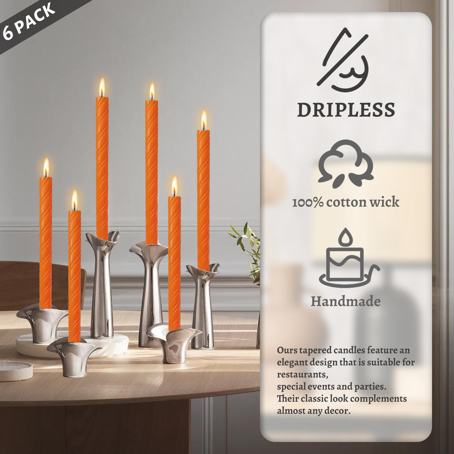 Unscented Taper Candles Dripless Orange Spiral Candles Smokeless Long Dinner Candles 10 Inch Housewarming Candlesticks for Home Decoration