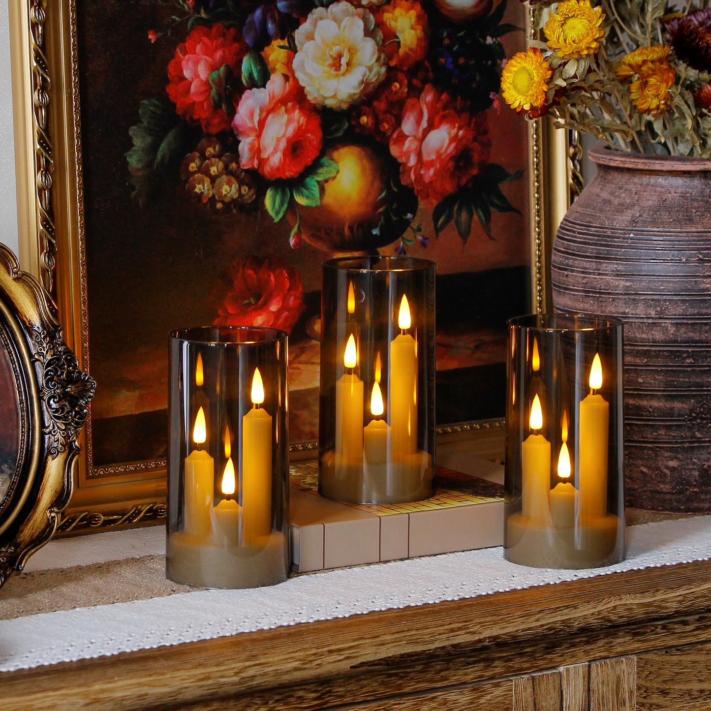 Zevanor 3 in 1 Flameless Taper Short Candles with 10 Key Remote Control and Timer, Battery Operated Pack of 2 LED Acrylic 3" x6" Grey Pillar Flickering Warm Light