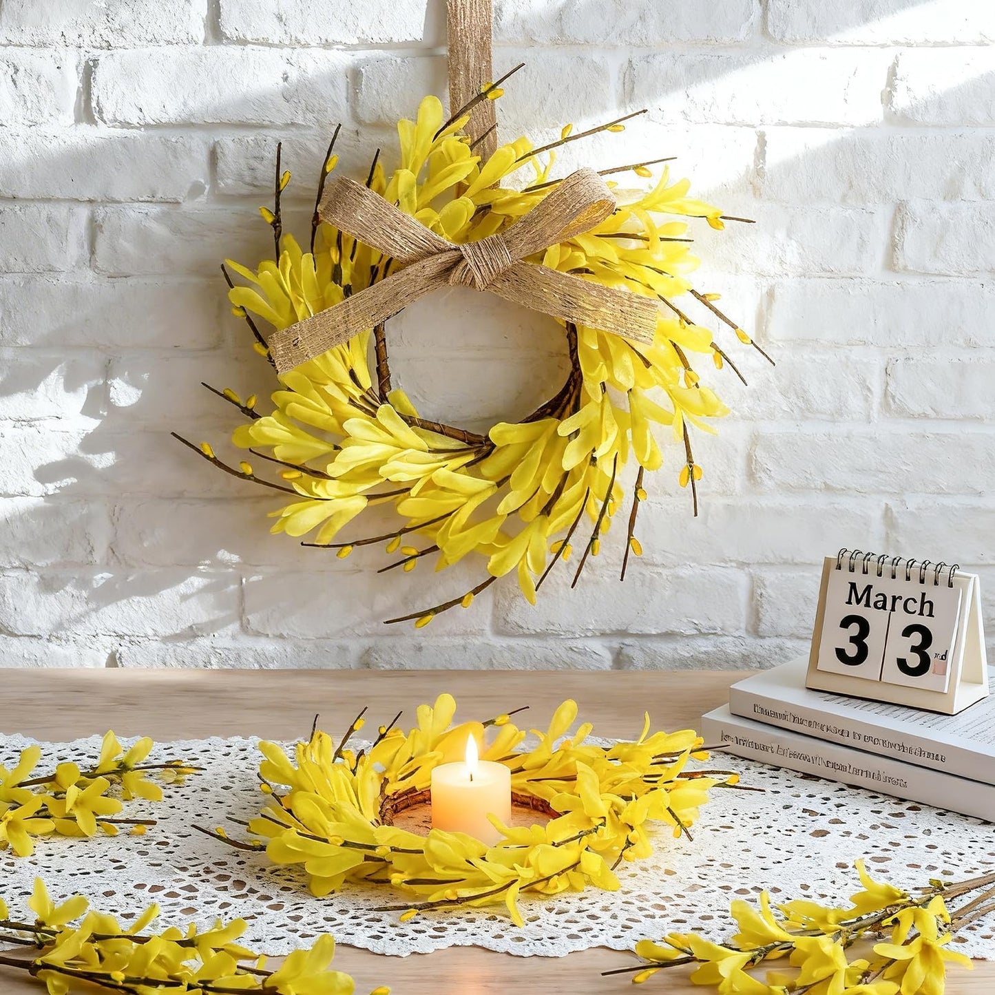 6 PCS Spring Forsythia Wreath Candle Rings Artificial Forsythia Farmhouse Candle Rings Pillar Holder Wreath Mini Spring Summer Floral Candle Rings for Rustic Wedding Home Table Centerpiece Decor