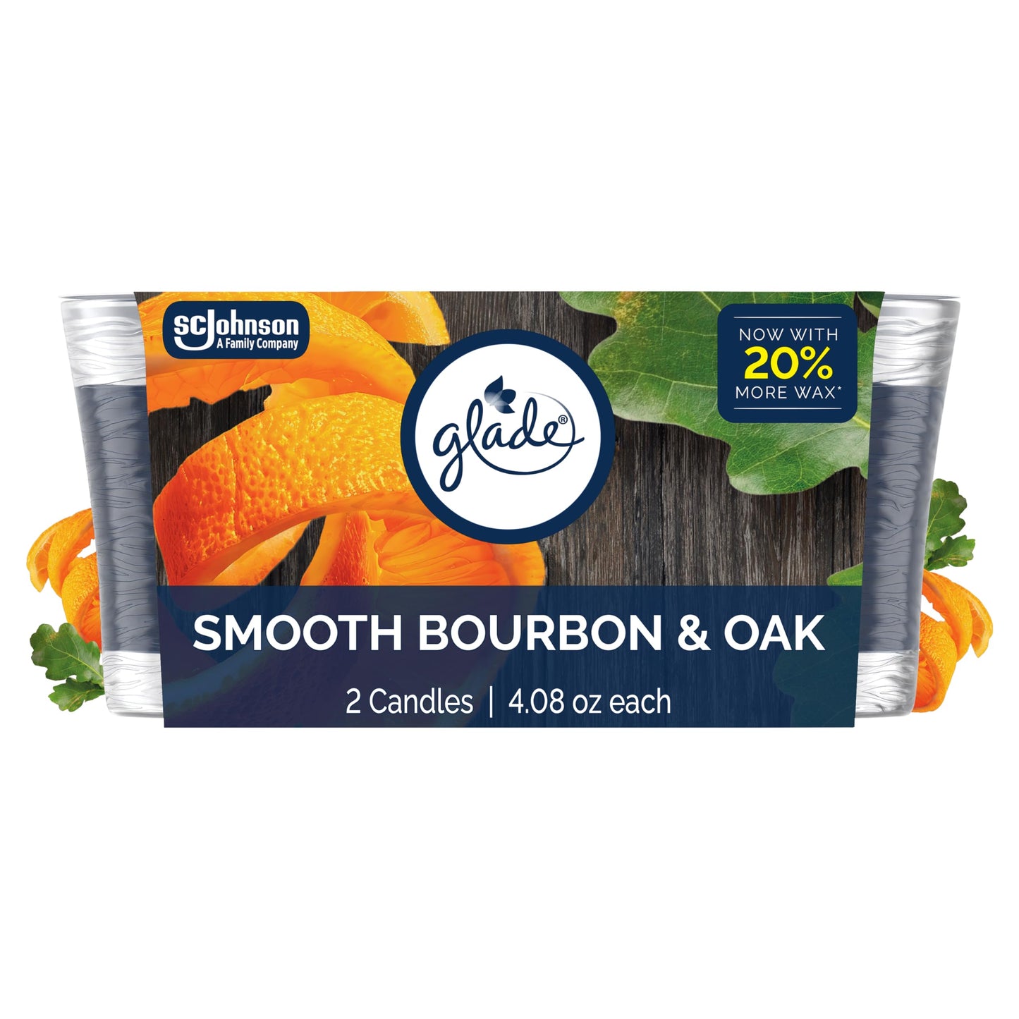 Glade 1-Wick Scented Candle Jar, Smooth Bourbon & Oak, Air Freshener Infused with Essential Oils, 4.08 Oz, 2 Count