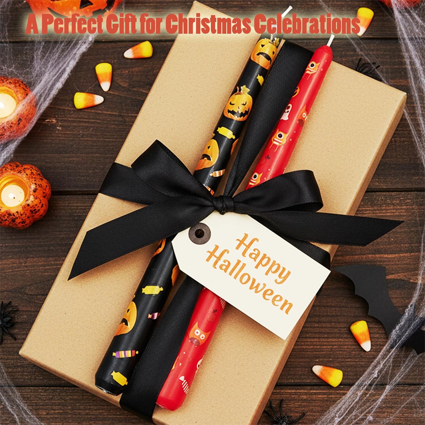 FYBW 10-Inch Halloween Taper Candle Set of 4,Pumpkin Skeleton & Bat Prints, Spider Web Spooky Dinner Candles, Gift for Festive Halloween Day Decoration