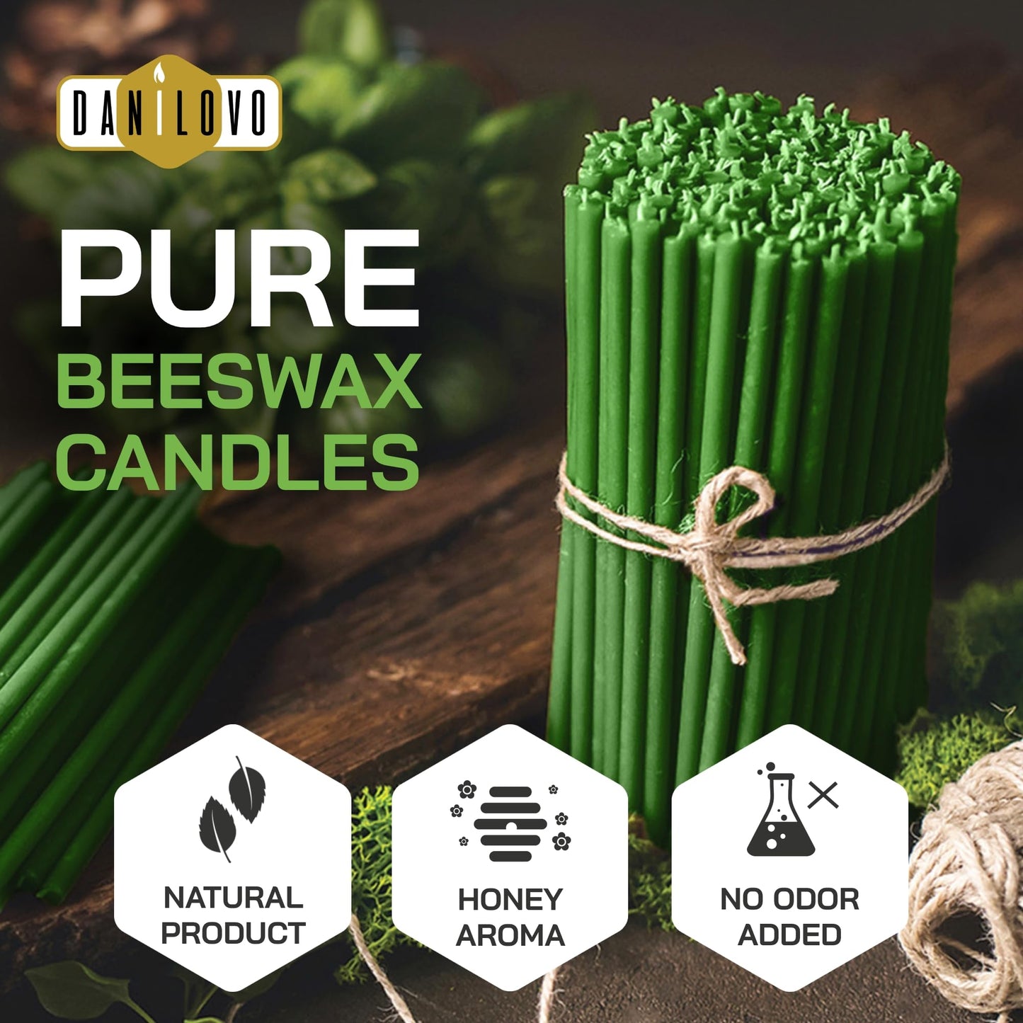 Danilovo Thin Taper Beeswax Candles - Honey-Scented, Decorative Candles Ideal for Birthday Decoration or Church Prayers - Green Drip Free, Tall & Smokeless Pack of 50 pcs, 7.3 x 0.24 inch