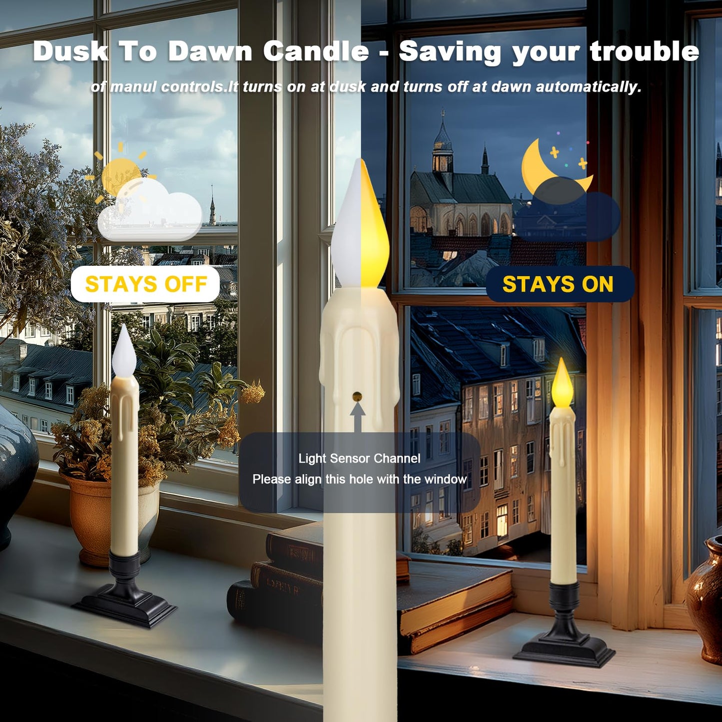 Meigic 6 Pcs Sensor Dawn to Dusk Window Candles, Flickering Battery Candles for Windows, Ultra Bright Fake Candle Lights with Black Holders, Led Candlesticks for Xmas Home Decor, Warm Yellow Light