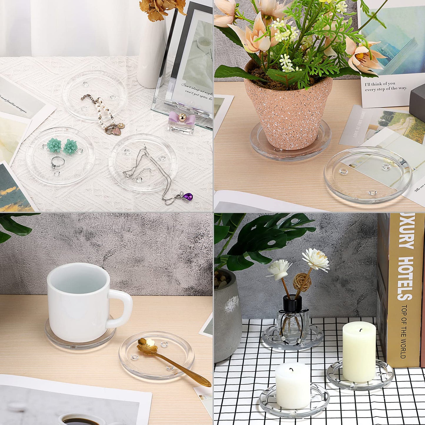 OwnMy 5PCS Clear Glass Candle Plates 3 Inch Pillar Candle Holders, Glass Coasters Small Round Candle Base & Plates and Trays for Dining Wedding Table Centerpieces