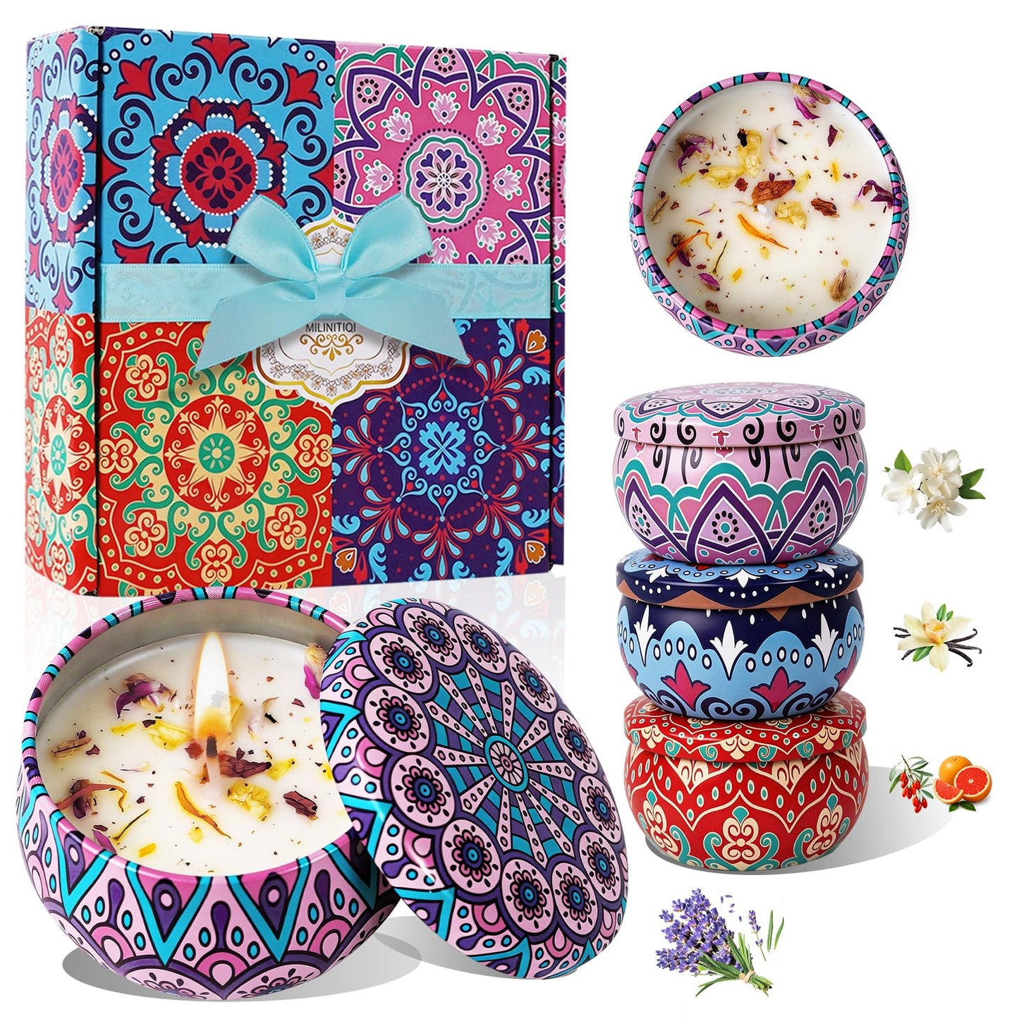4 Pack Scented Candles for Women Men - 8% Essential Oil Aromatherapy Candle Set, 50H Long Lasting Natural Soy Wax Candles, Travel Tin Gift Box for Stress Relief Spa Yoga Birthday Housewarming Xmas