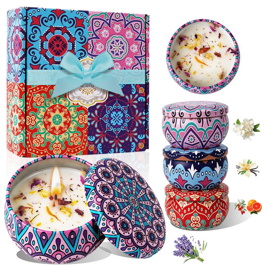 4 Pack Scented Candles for Women Men - 8% Essential Oil Aromatherapy Candle Set, 50H Long Lasting Natural Soy Wax Candles, Travel Tin Gift Box for Stress Relief Spa Yoga Birthday Housewarming Xmas