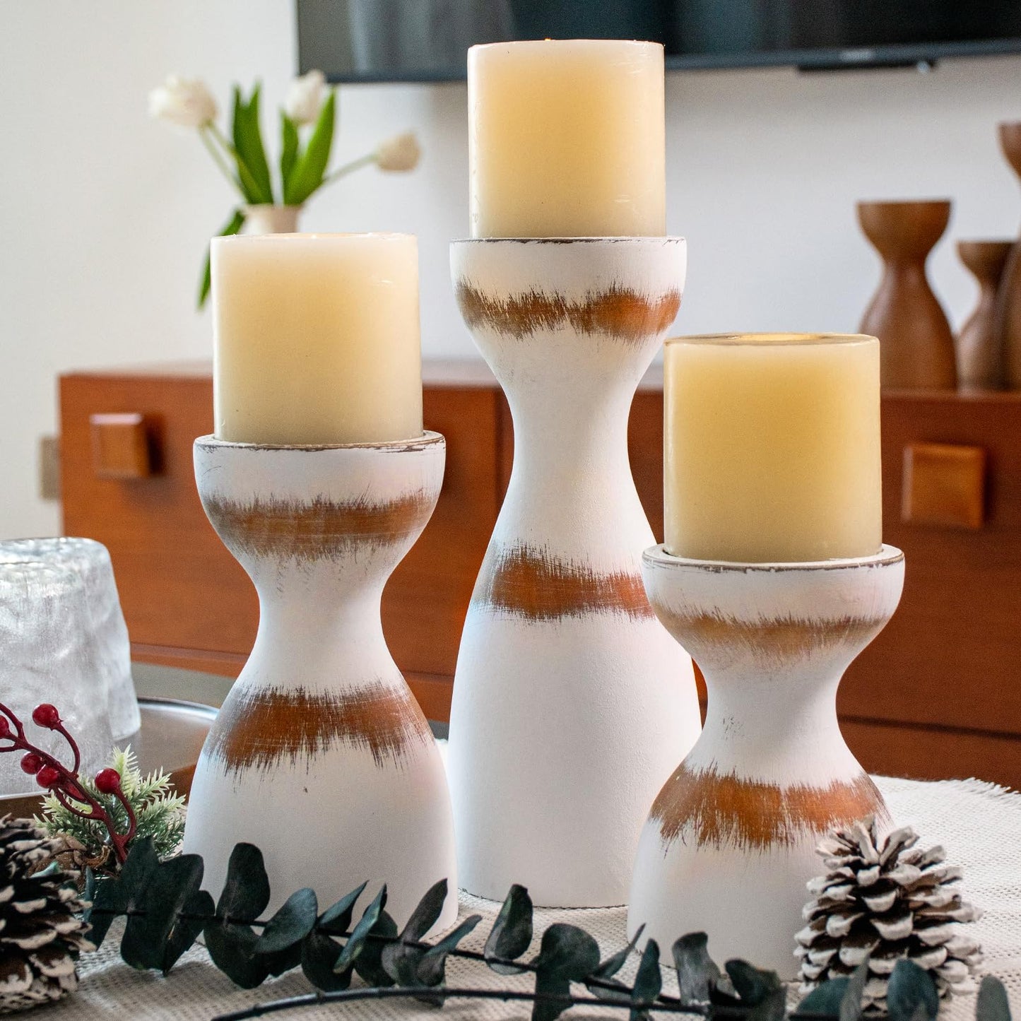 Set of 3 Farmhouse Wooden Candle Holders for Pillar Candles, White Distresse Rustic Wood Pillar Candle Stands with Hemp Rope Bow Table Centerpiece Decor for Fireplace, Living, and Dining Room