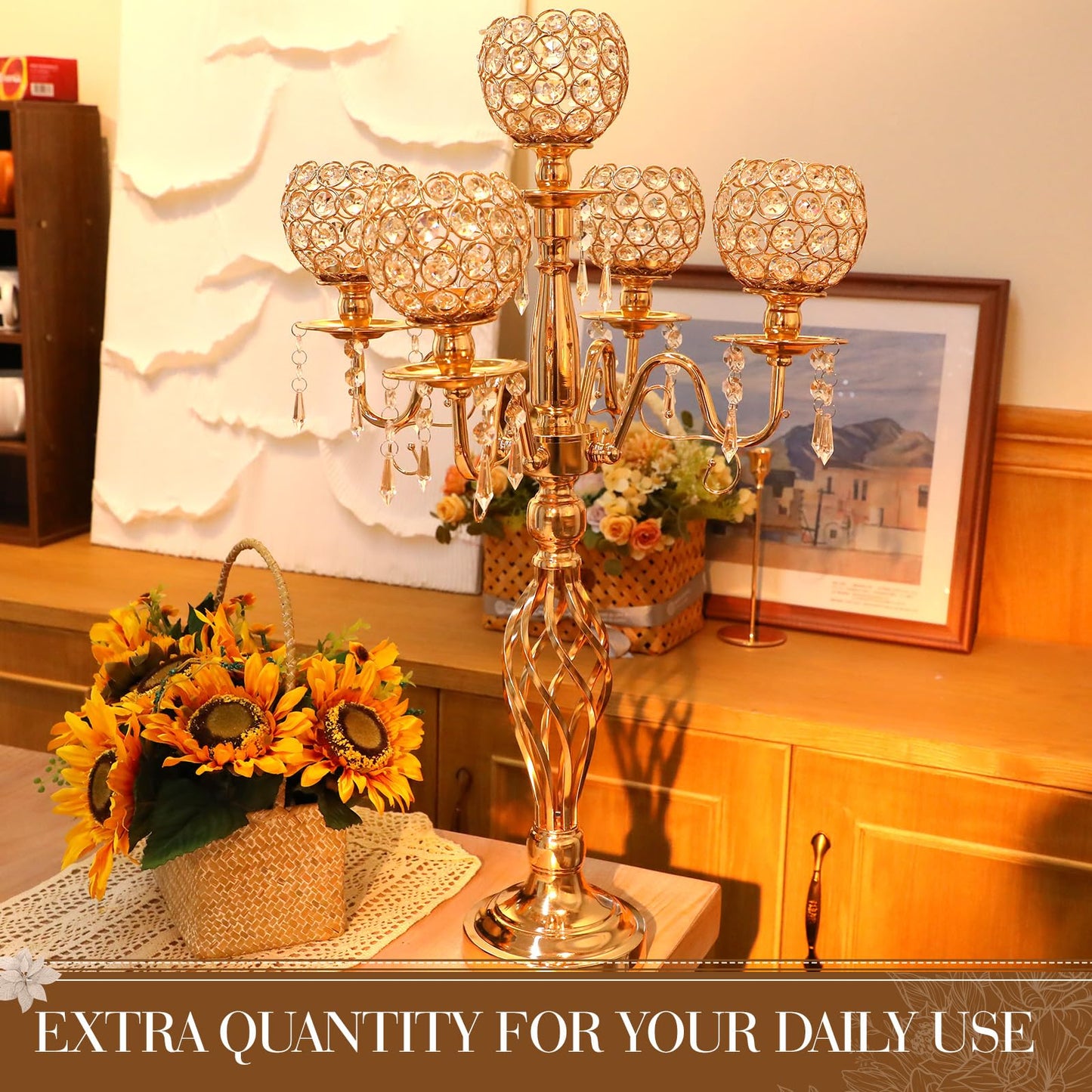 Nitial 4 Pcs 5 Arm Crystal Candelabra Centerpieces for Table 27 Inch Retro Victorian Crystal Candle Holders Bowl Table Centerpieces Decor for Wedding Banquet Valentine Dinner Party Event (Gold)